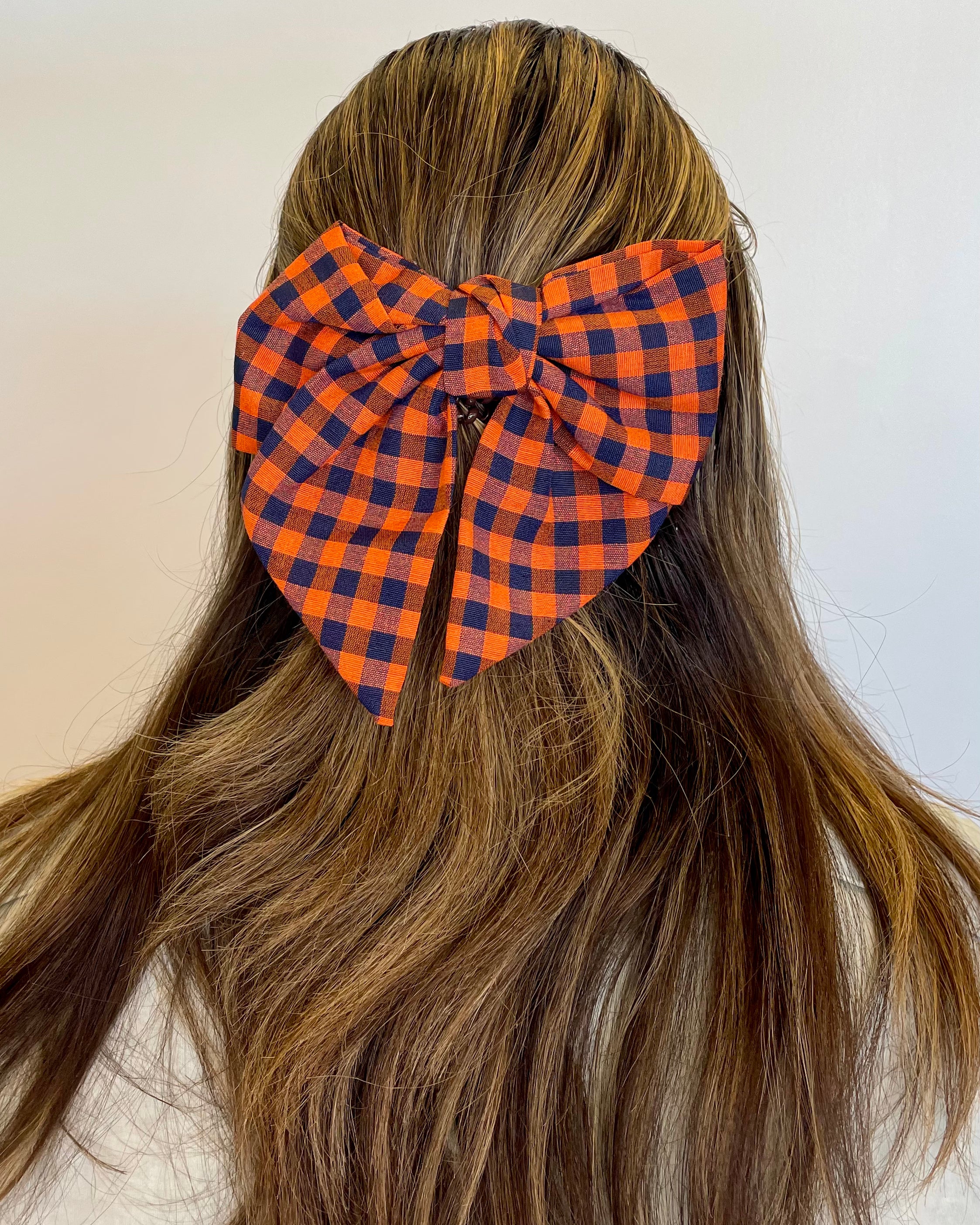 Orange/Navy Checkered Hair Bow-Regular-Shop-Womens-Boutique-Clothing