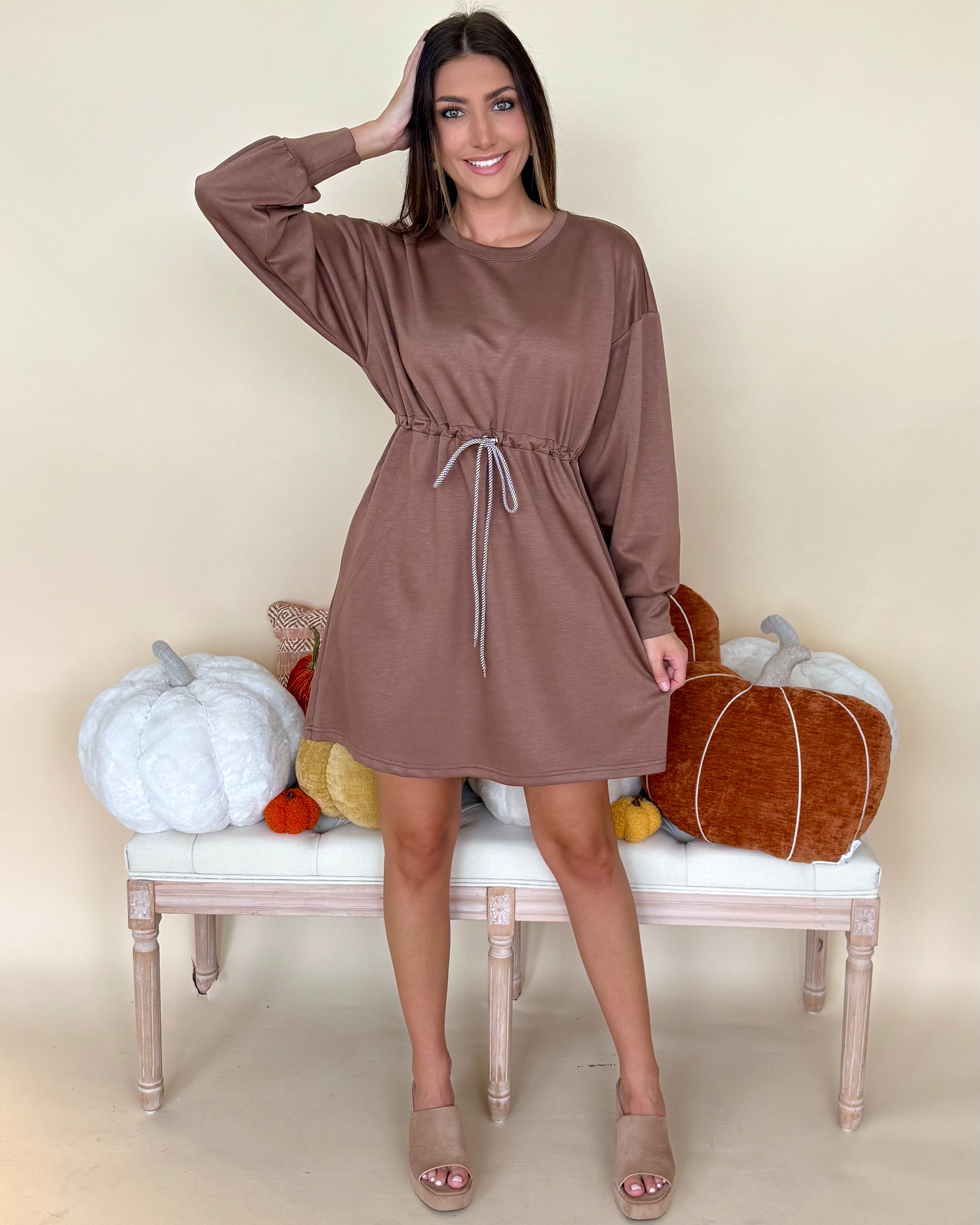 Sweet Spot Mocha Drawstring Dress-Shop-Womens-Boutique-Clothing