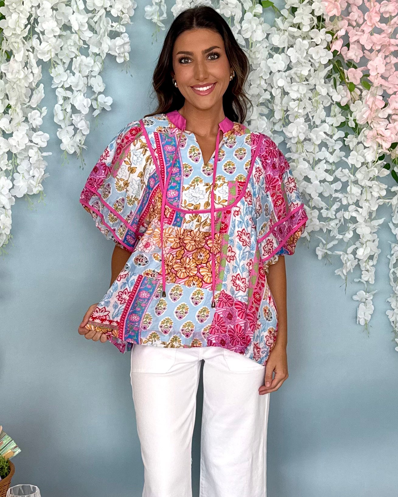 Above and Beyond Pink Mix Patchwork Puff Sleeve Top-Shop-Womens-Boutique-Clothing