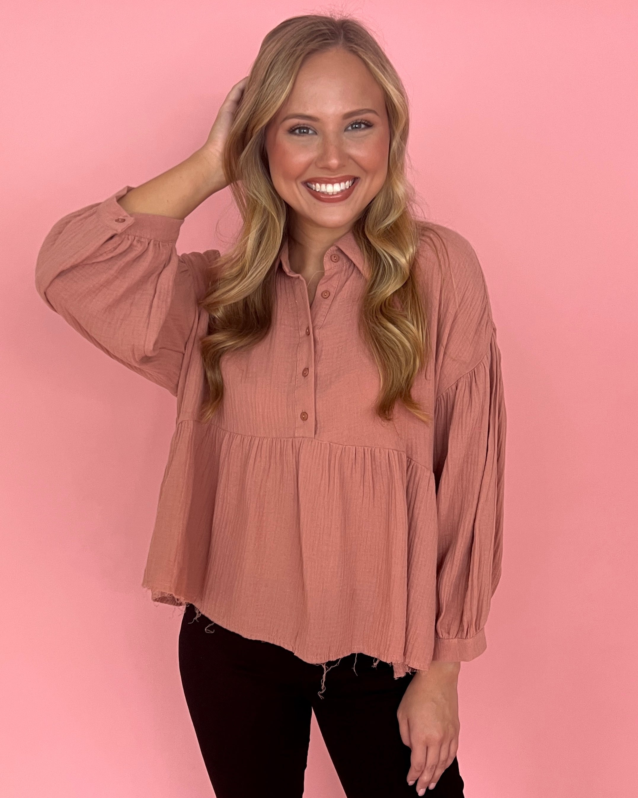 Sweet Gestures Mauve Crinkle Gauze Collared Top-Shop-Womens-Boutique-Clothing
