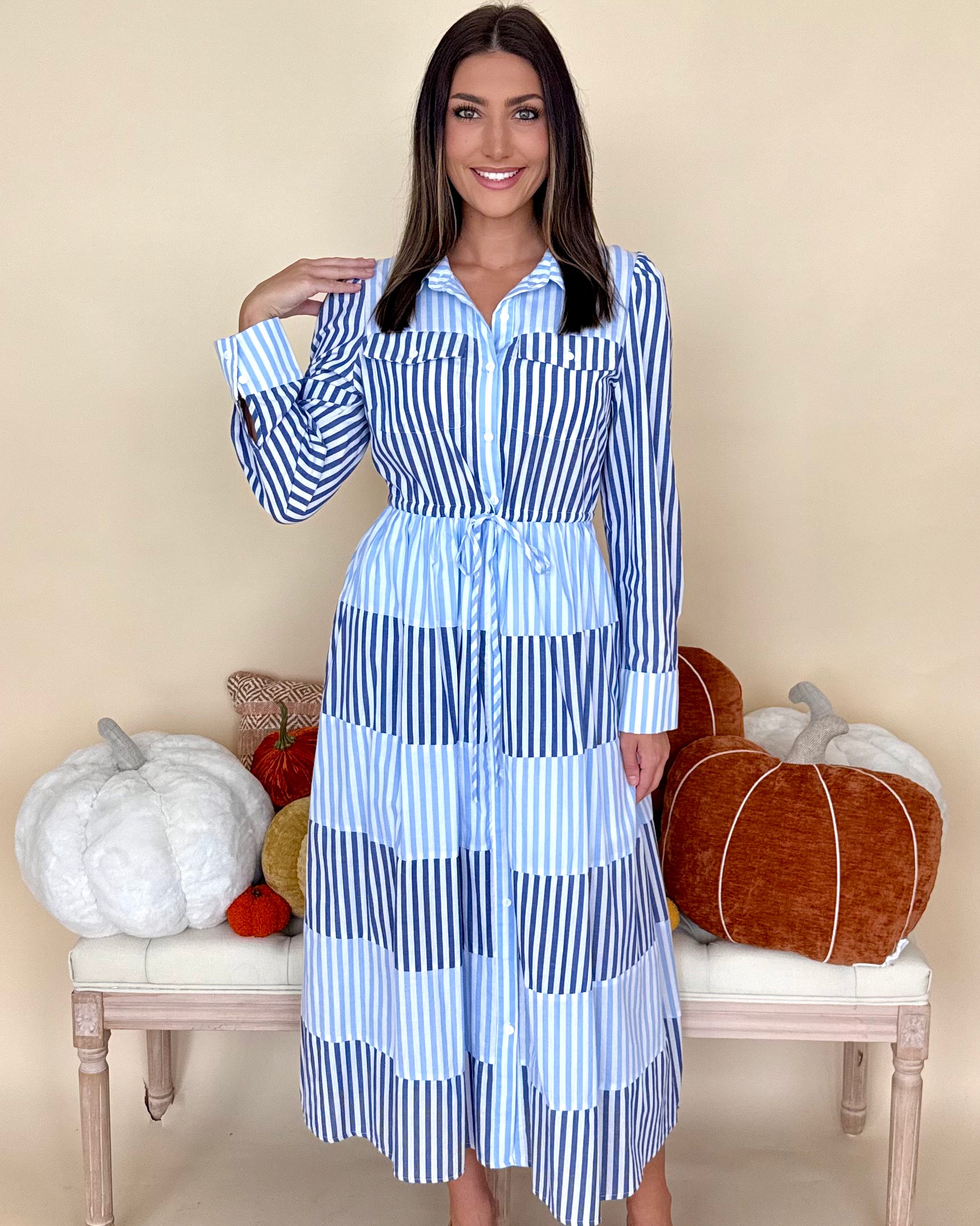 Little Statement Lt Blue Striped Midi Dress-Shop-Womens-Boutique-Clothing
