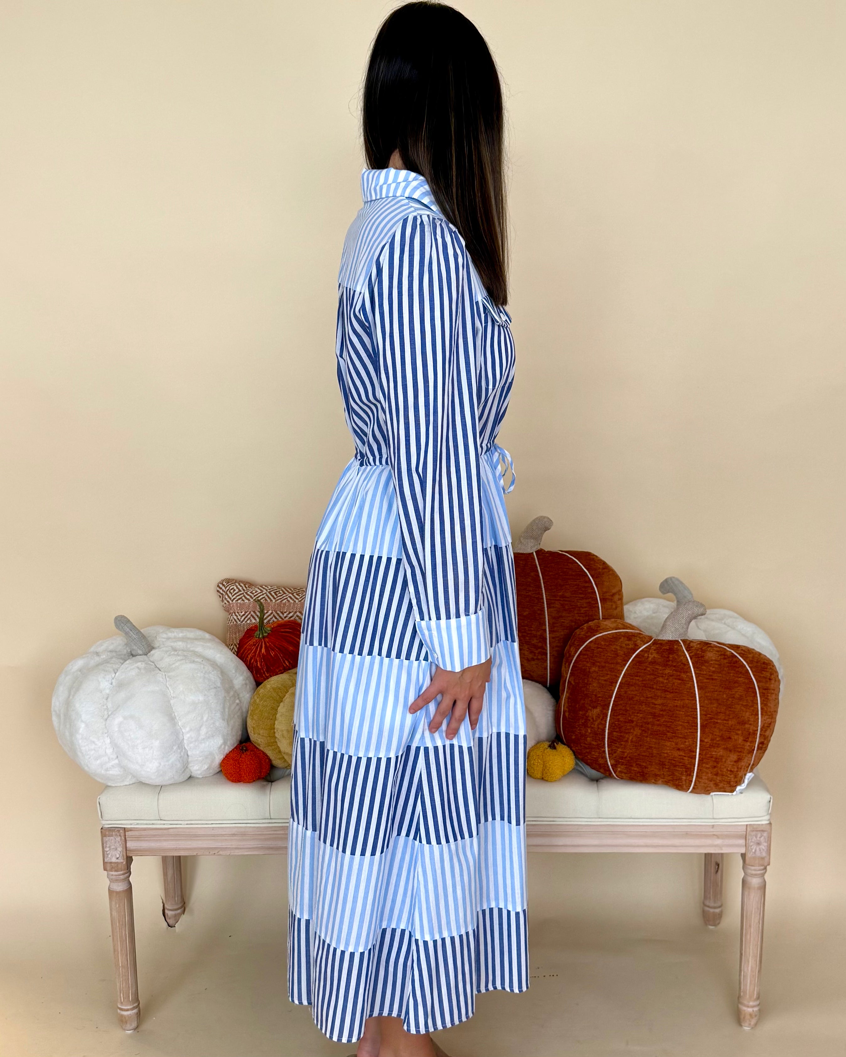 Little Statement Lt Blue Striped Midi Dress-Shop-Womens-Boutique-Clothing