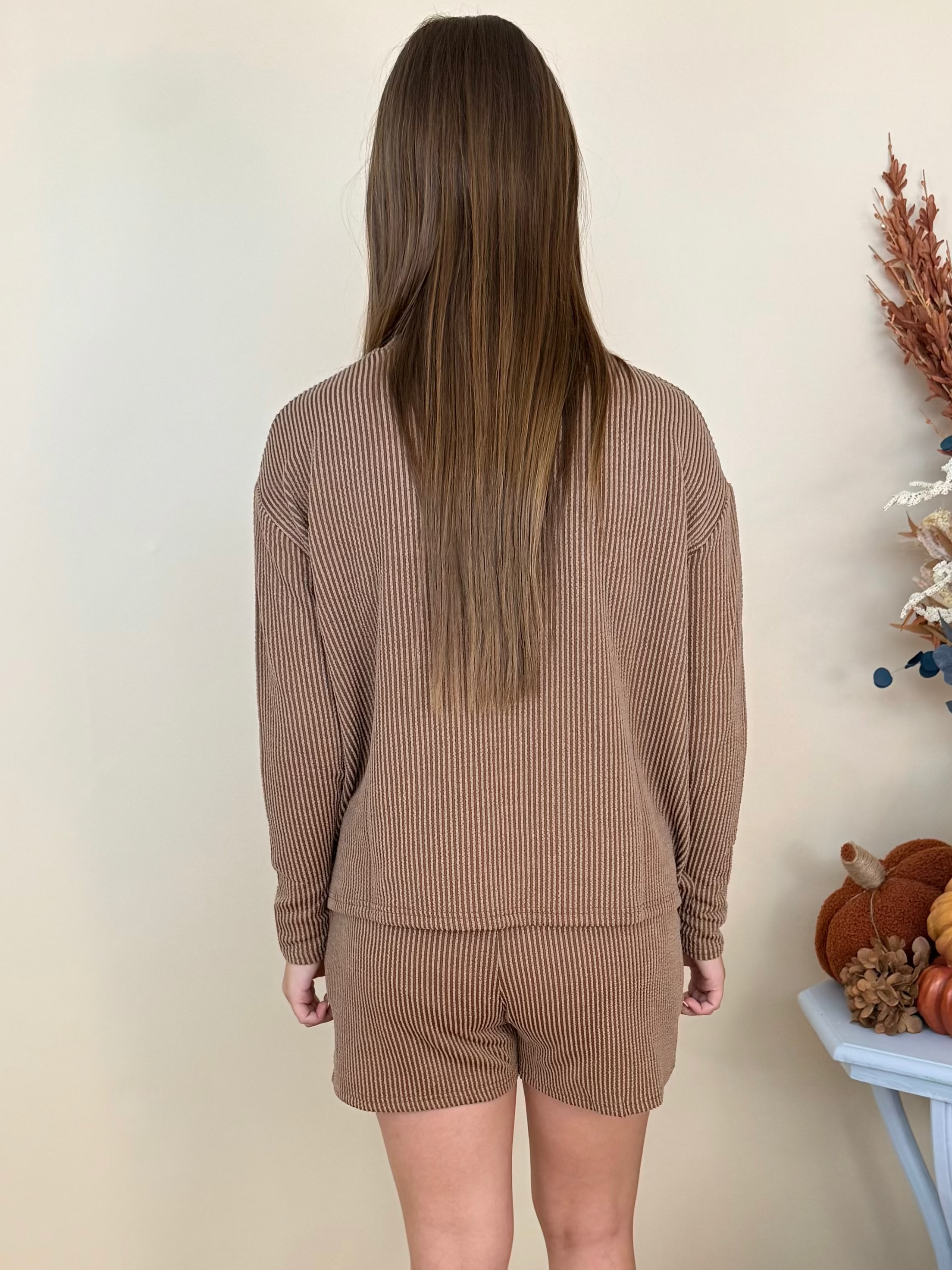 Everyday Luxe Deep Camel Raised Rib Long Sleeve and Shorts Set-Shop-Womens-Boutique-Clothing