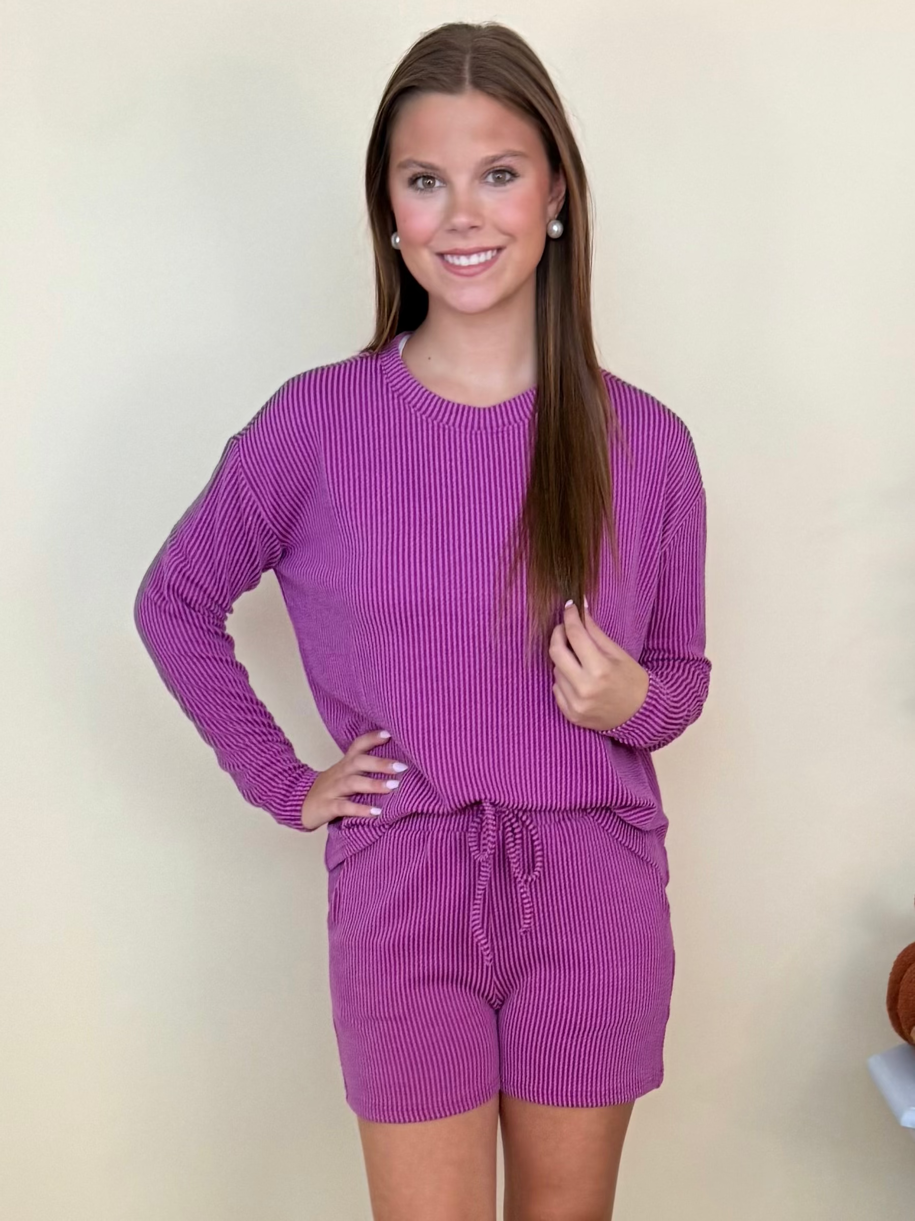 Everyday Luxe Plum Raised Rib Long Sleeve and Shorts Set-Shop-Womens-Boutique-Clothing