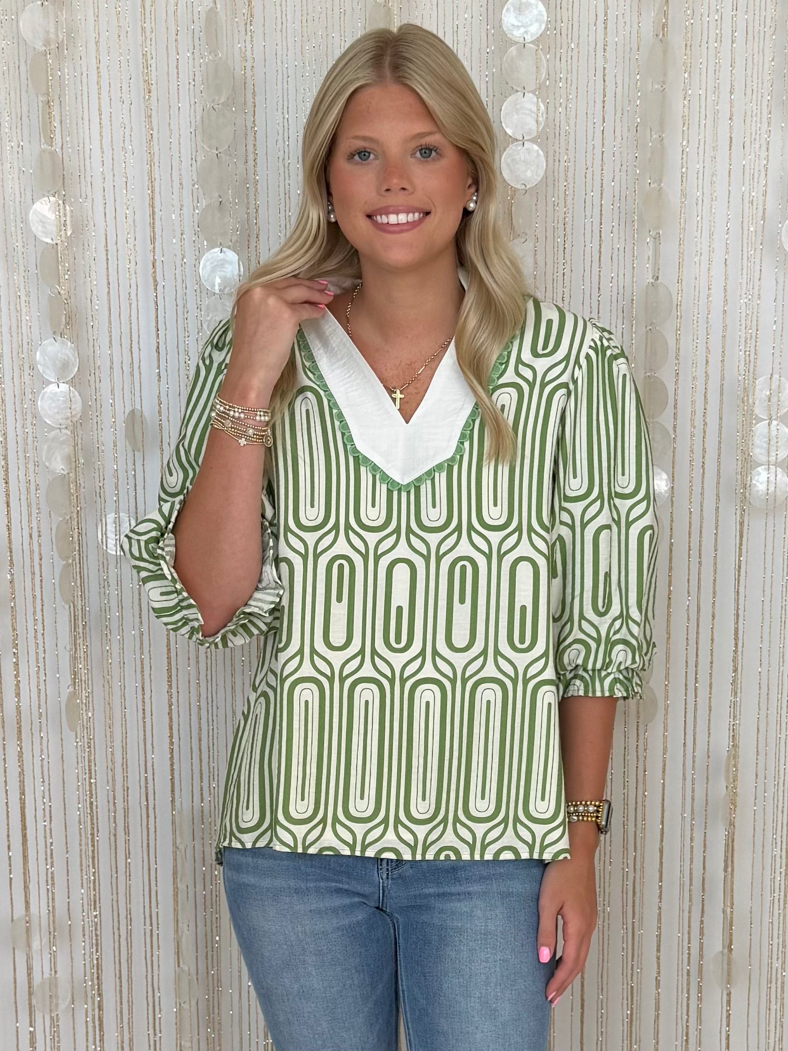 Simply Impressed Green Geometric Print Puff Sleeve Scallop Top-Shop-Womens-Boutique-Clothing