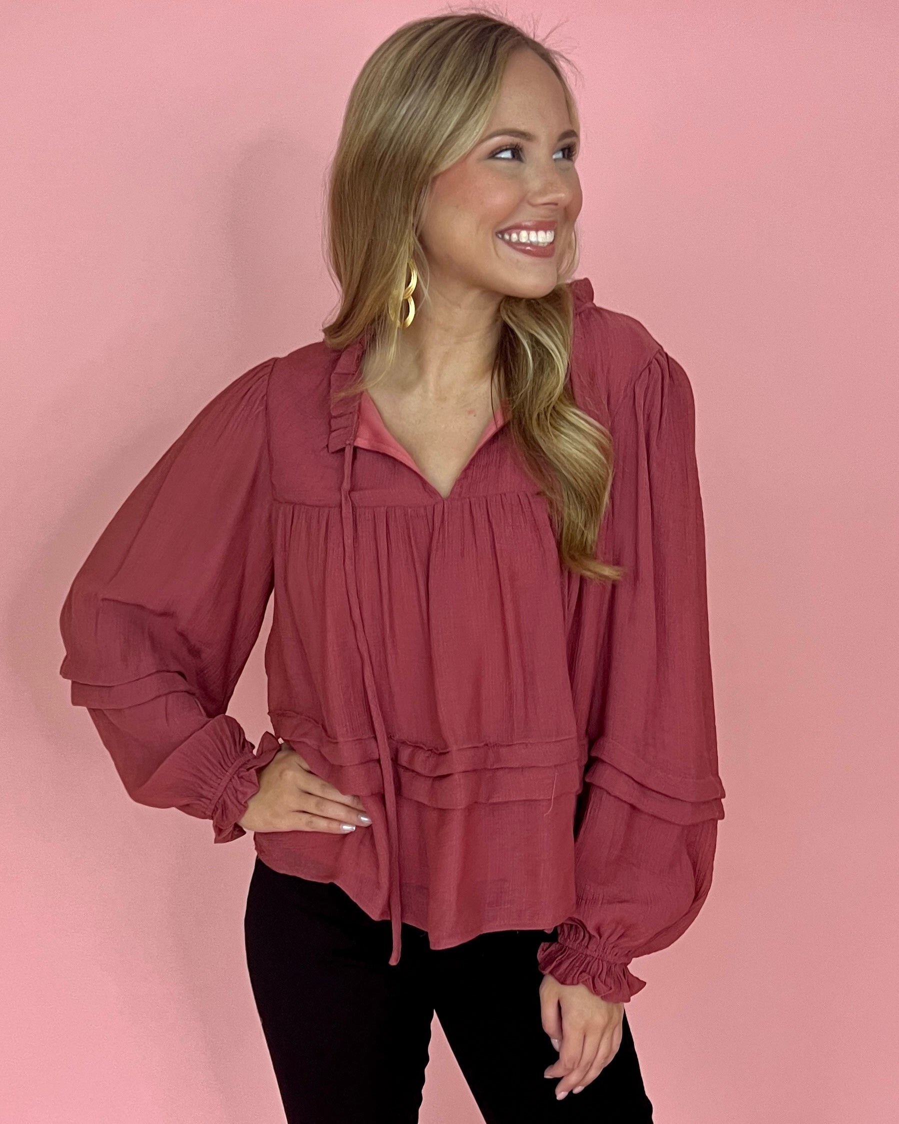 At My Best Red Clay Split Neck Ruffle Top-Shop-Womens-Boutique-Clothing
