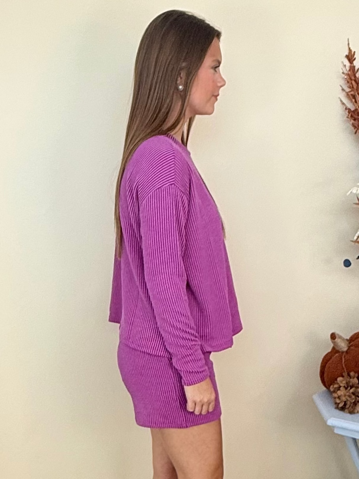 Everyday Luxe Plum Raised Rib Long Sleeve and Shorts Set-Shop-Womens-Boutique-Clothing