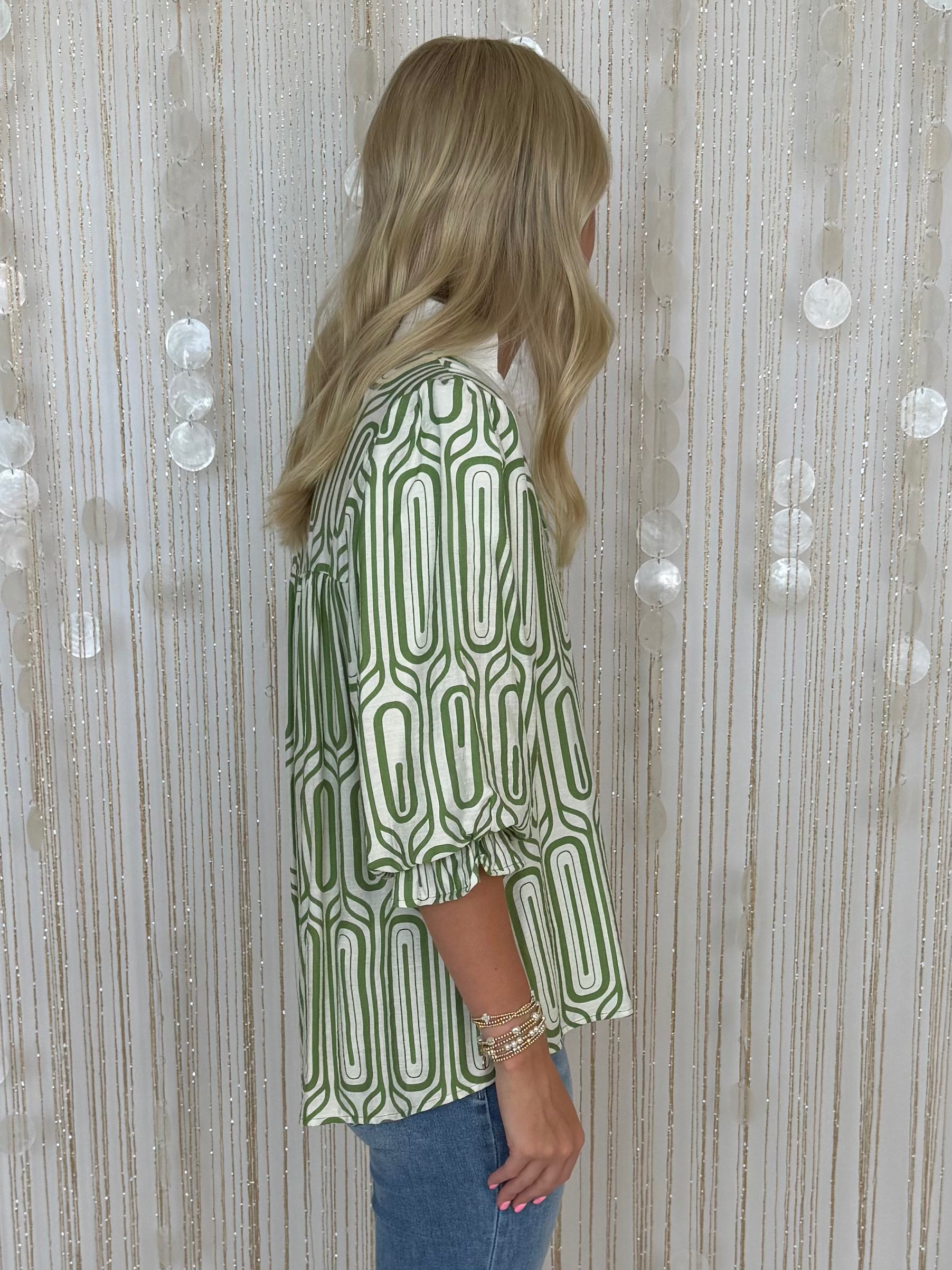Simply Impressed Green Geometric Print Puff Sleeve Scallop Top-Shop-Womens-Boutique-Clothing
