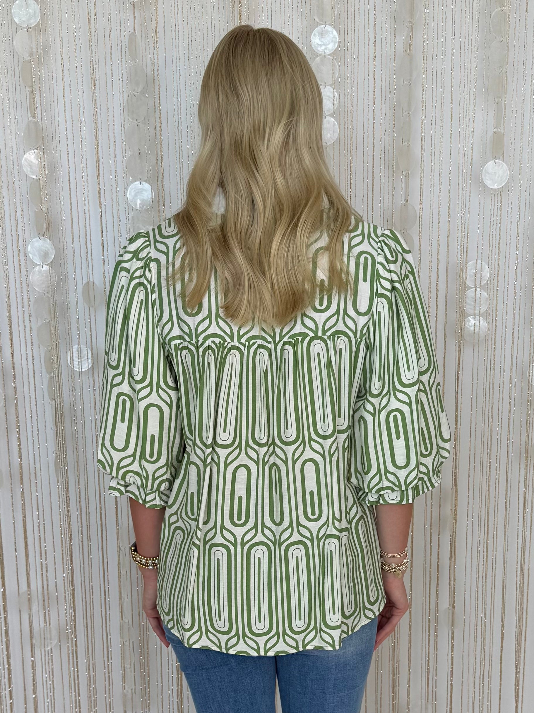 Simply Impressed Green Geometric Print Puff Sleeve Scallop Top-Shop-Womens-Boutique-Clothing