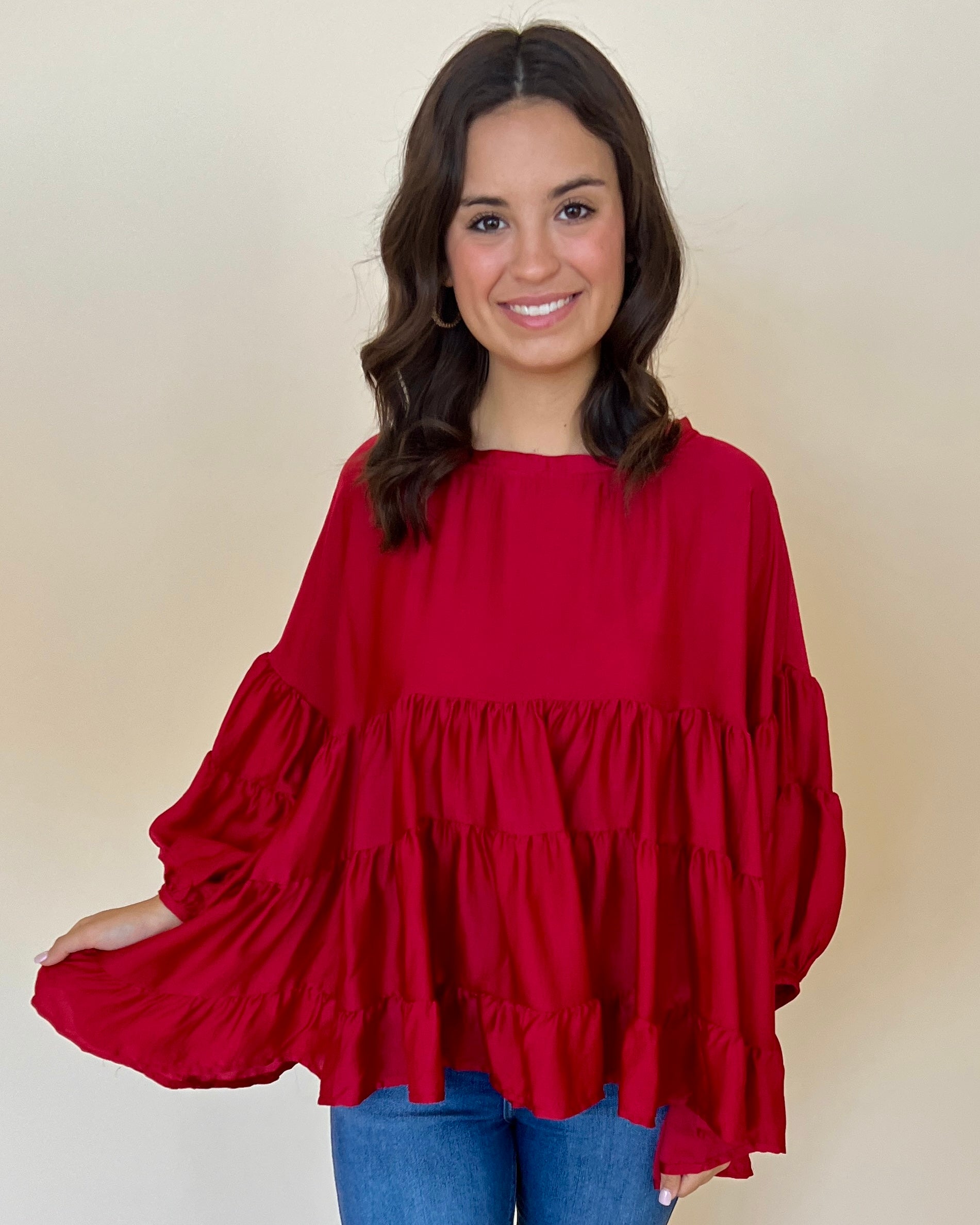 Breezy Times Burgundy Satin Tiered Top-Shop-Womens-Boutique-Clothing