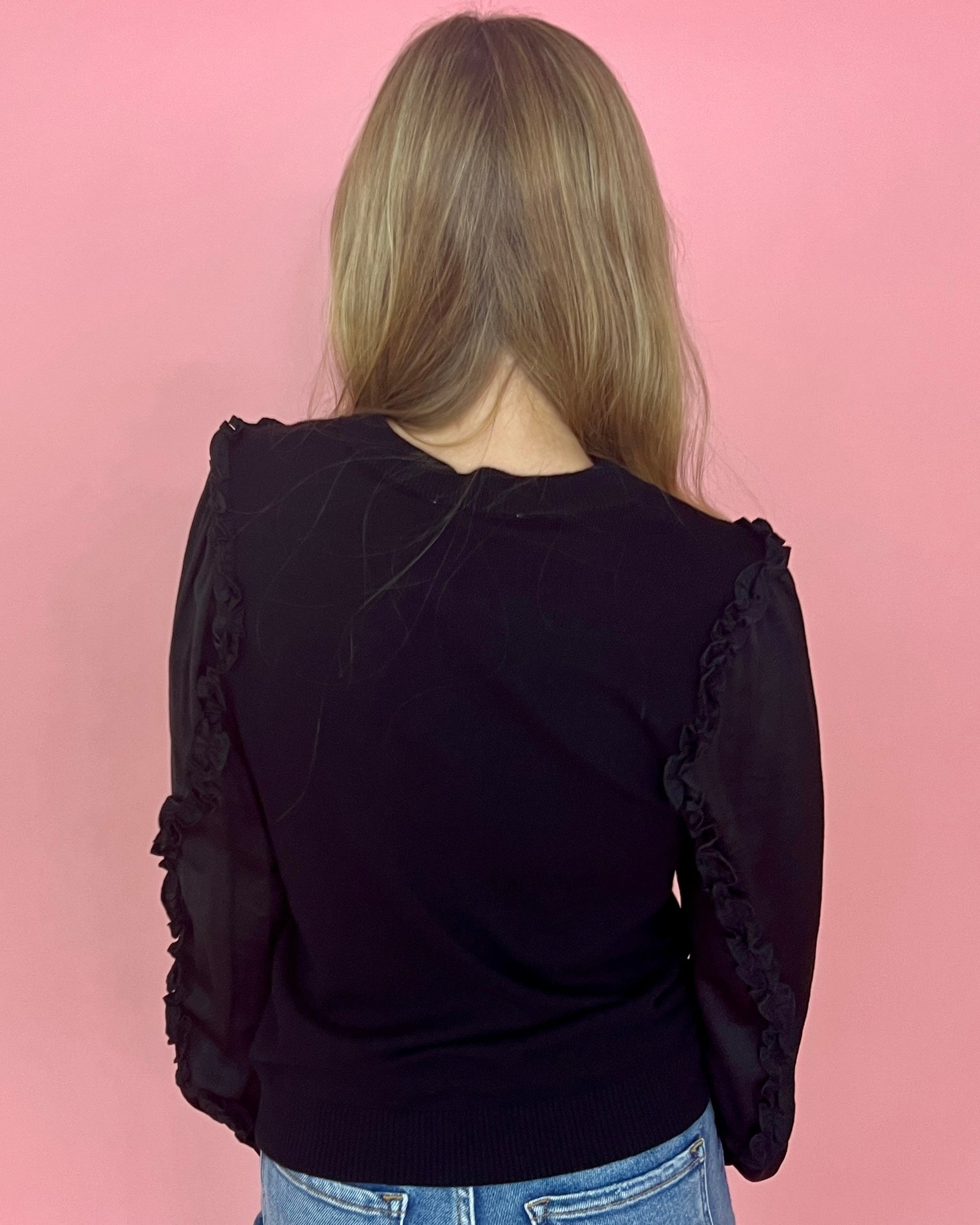 Excited For It Black Satin Ruffle Sweater-Shop-Womens-Boutique-Clothing