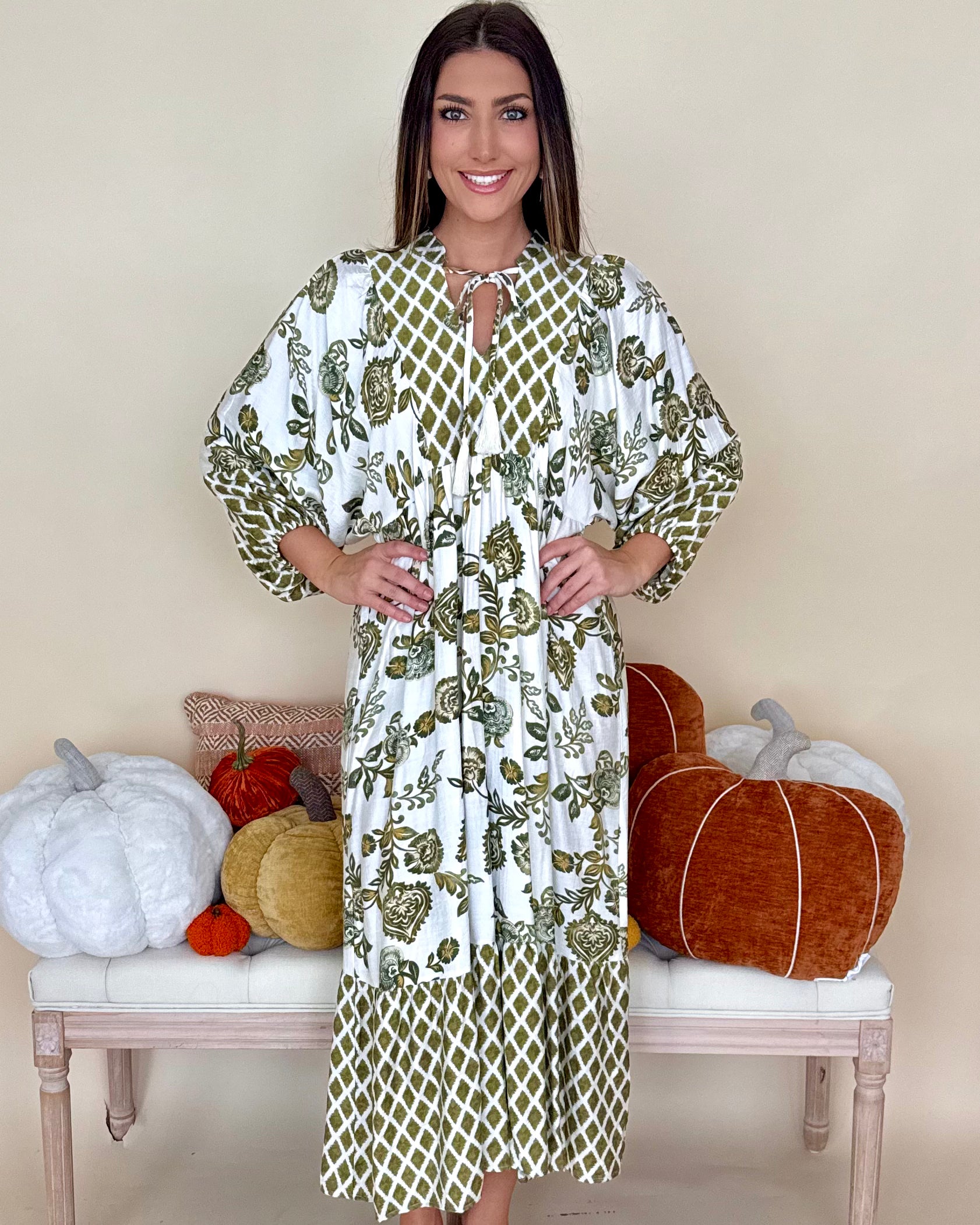 On Schedule Olive Mix Print Tie Midi Dress-Shop-Womens-Boutique-Clothing