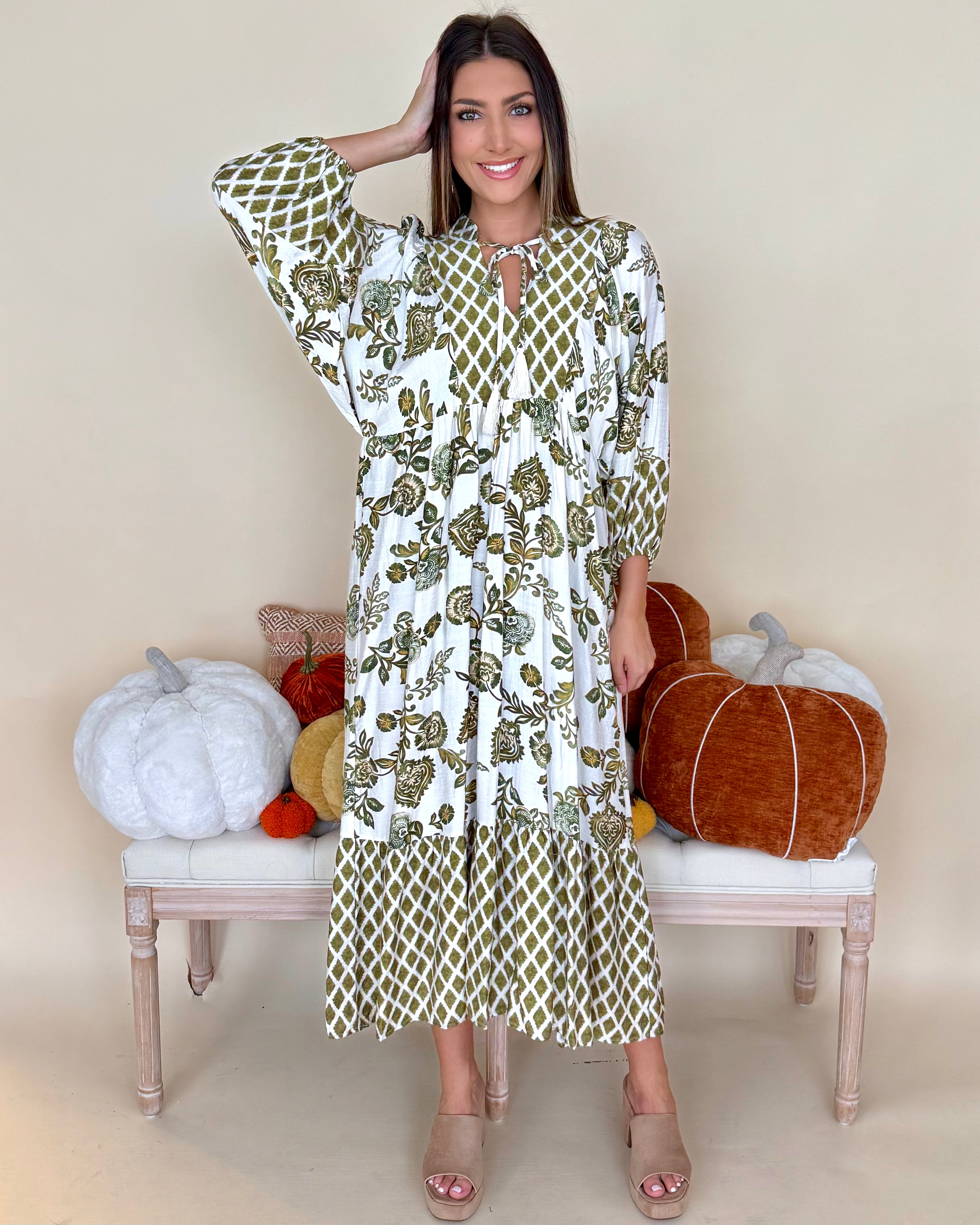 On Schedule Olive Mix Print Tie Midi Dress-Shop-Womens-Boutique-Clothing