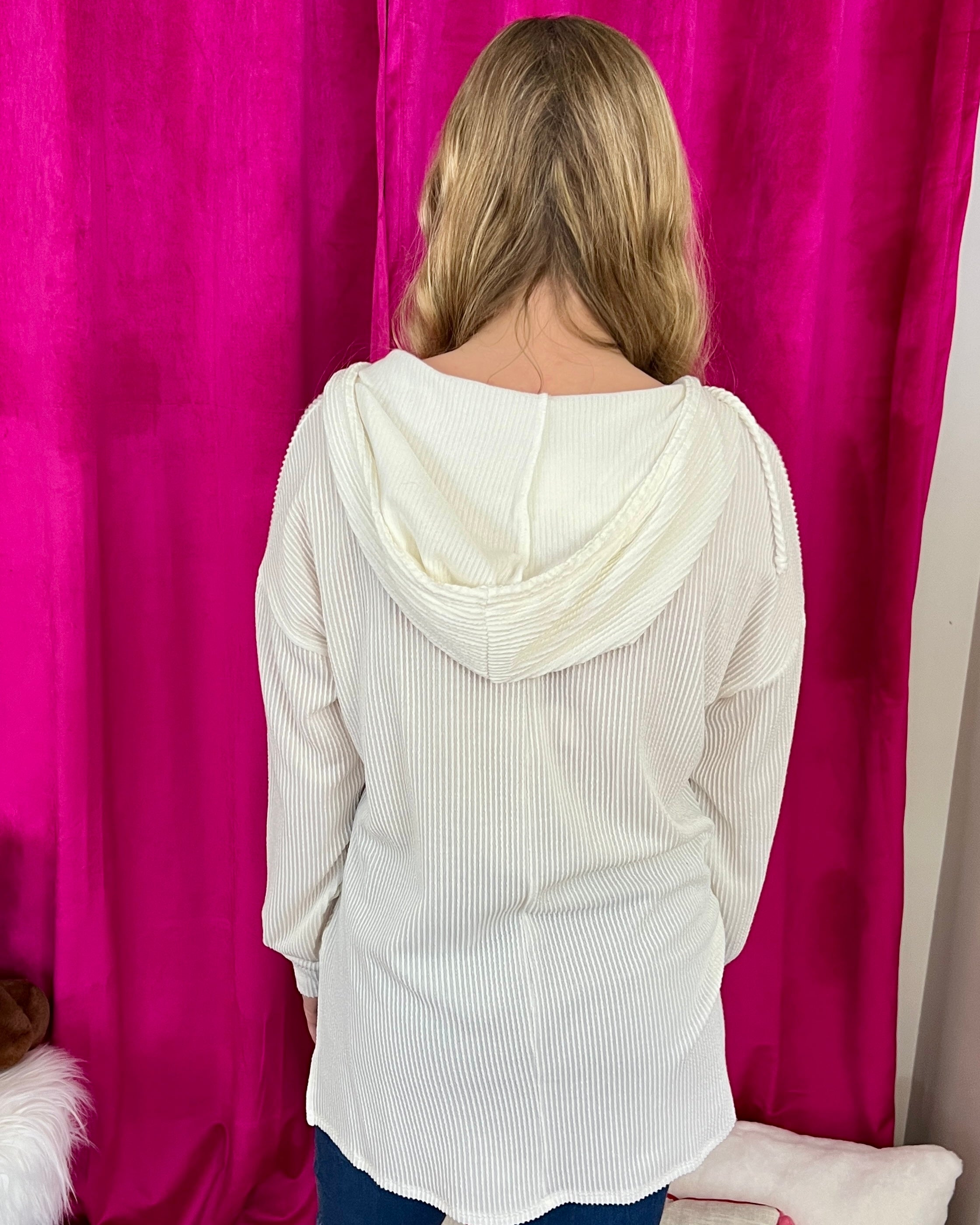 Busy Dreaming Ivory Ribbed Hoodie Top-Shop-Womens-Boutique-Clothing