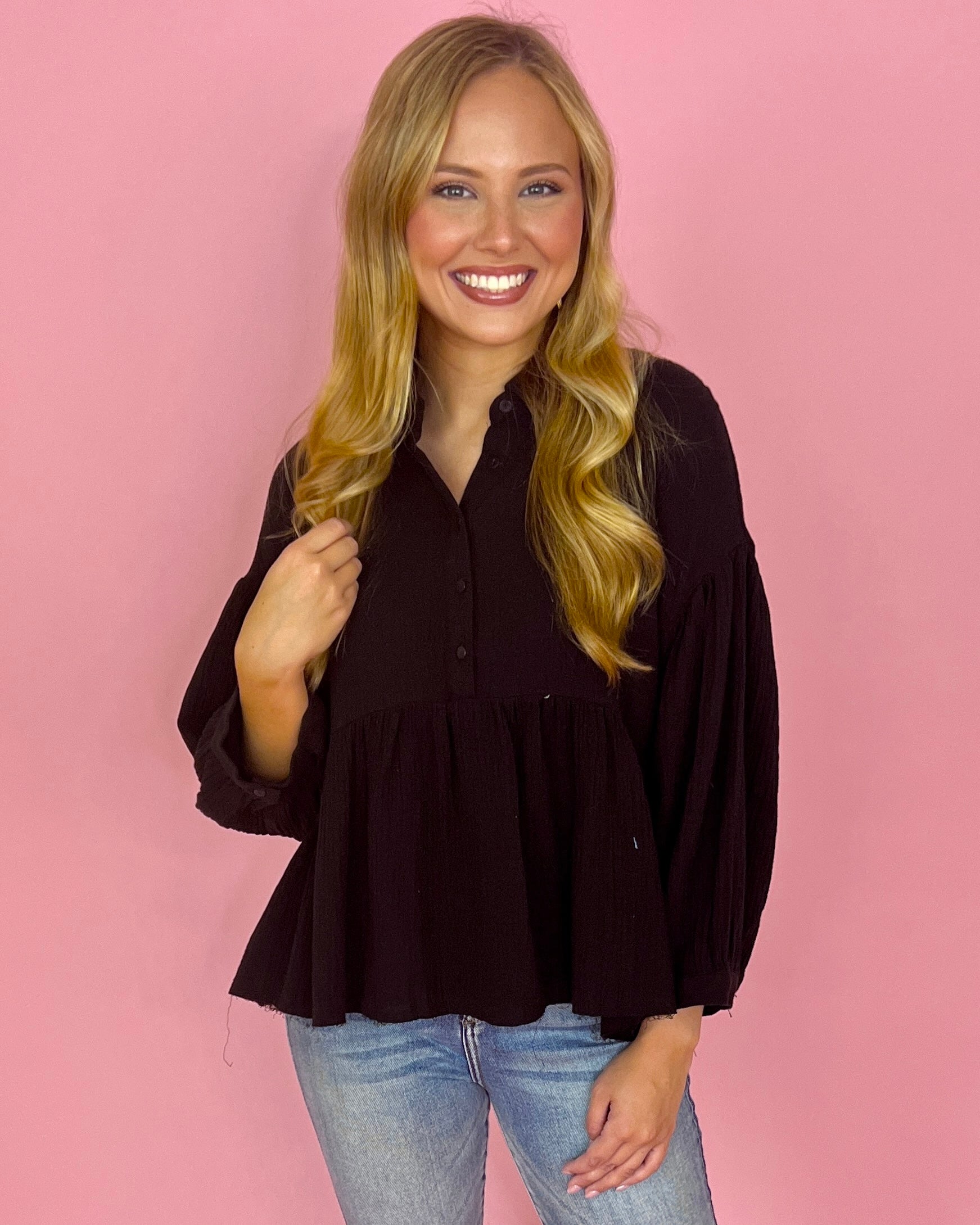 Sweet Gestures Black Crinkle Gauze Collared Top-Shop-Womens-Boutique-Clothing