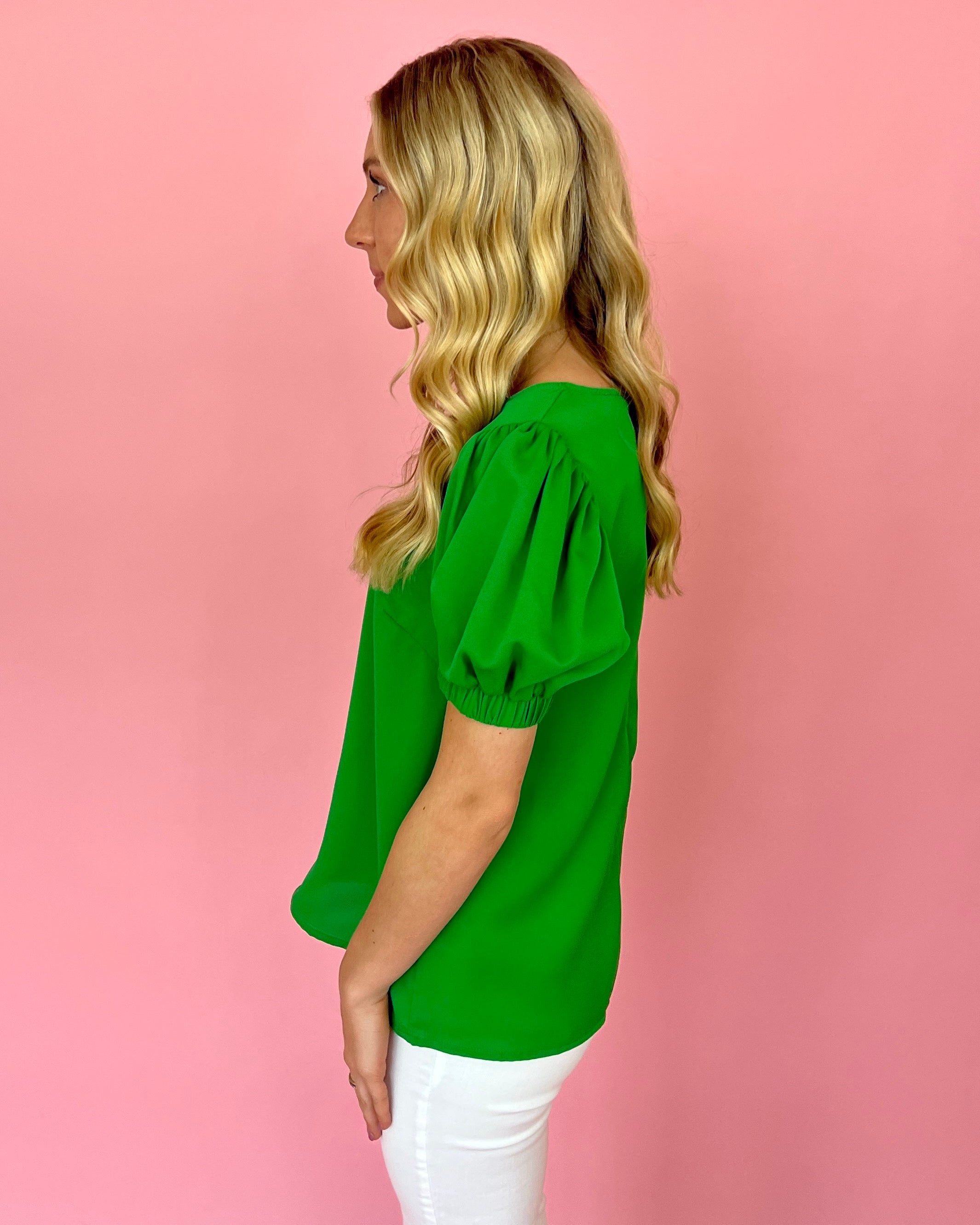 Story Of Your Life Green Round Neck Puff Sleeve Top-Shop-Womens-Boutique-Clothing