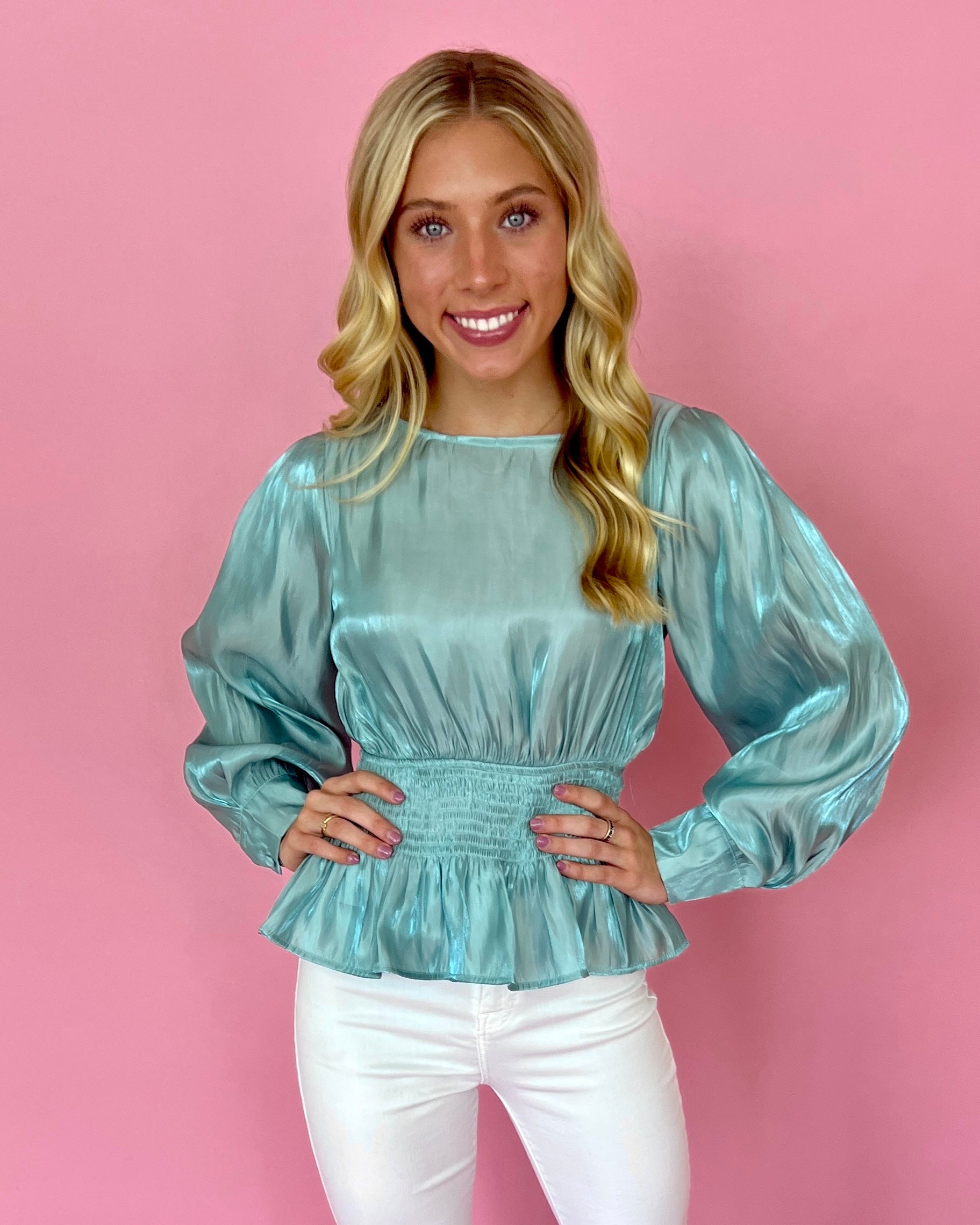 All Eyes On Me Mint Metallic Puff Sleeve Top-Shop-Womens-Boutique-Clothing