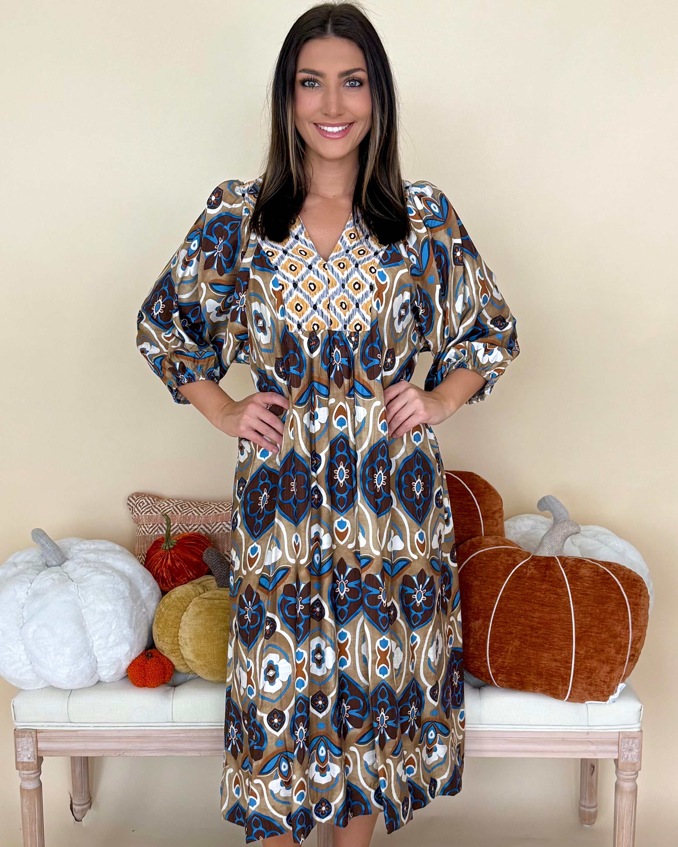 Best Day Latte Mix Abstract Midi Dress-Shop-Womens-Boutique-Clothing