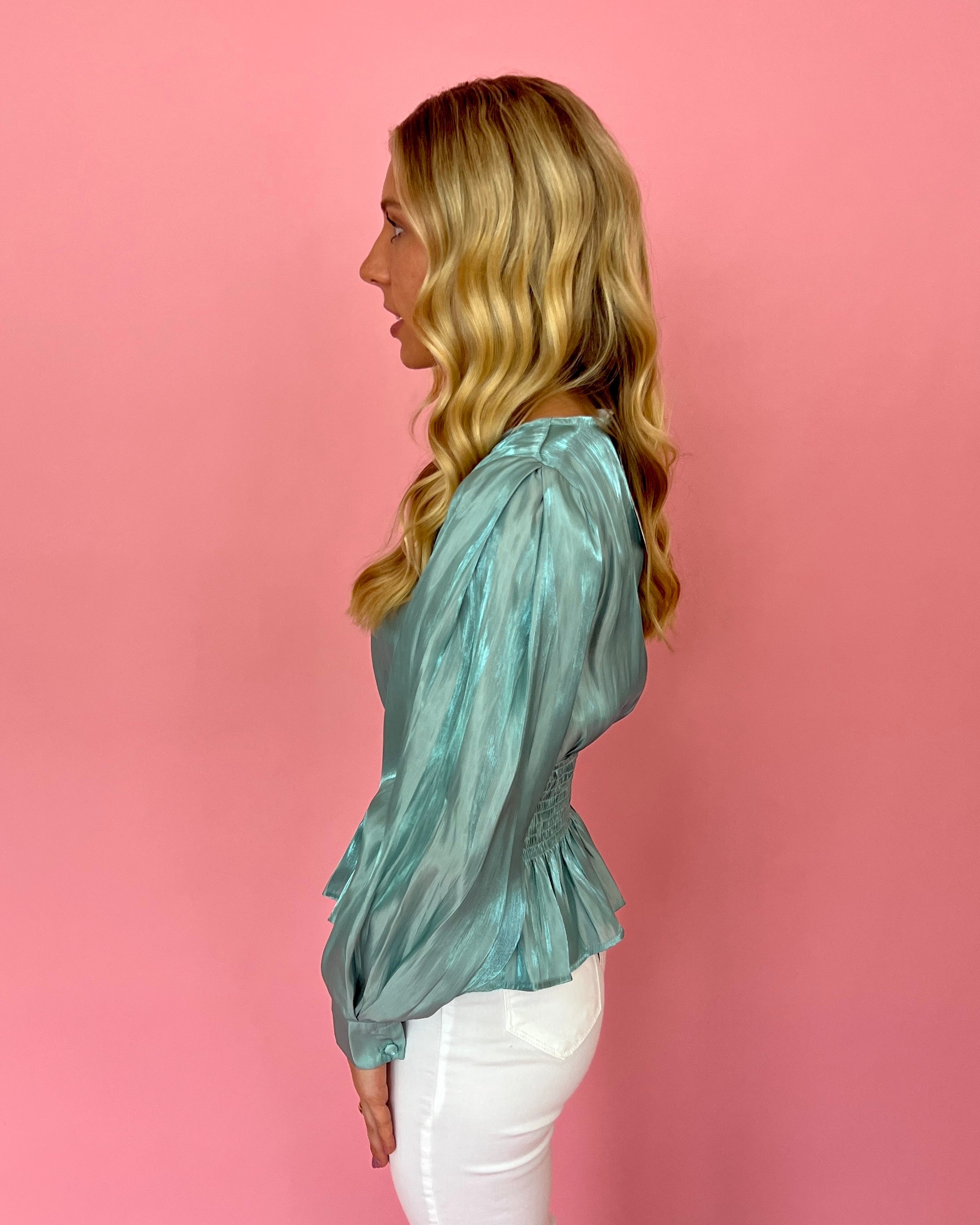 All Eyes On Me Mint Metallic Puff Sleeve Top-Shop-Womens-Boutique-Clothing