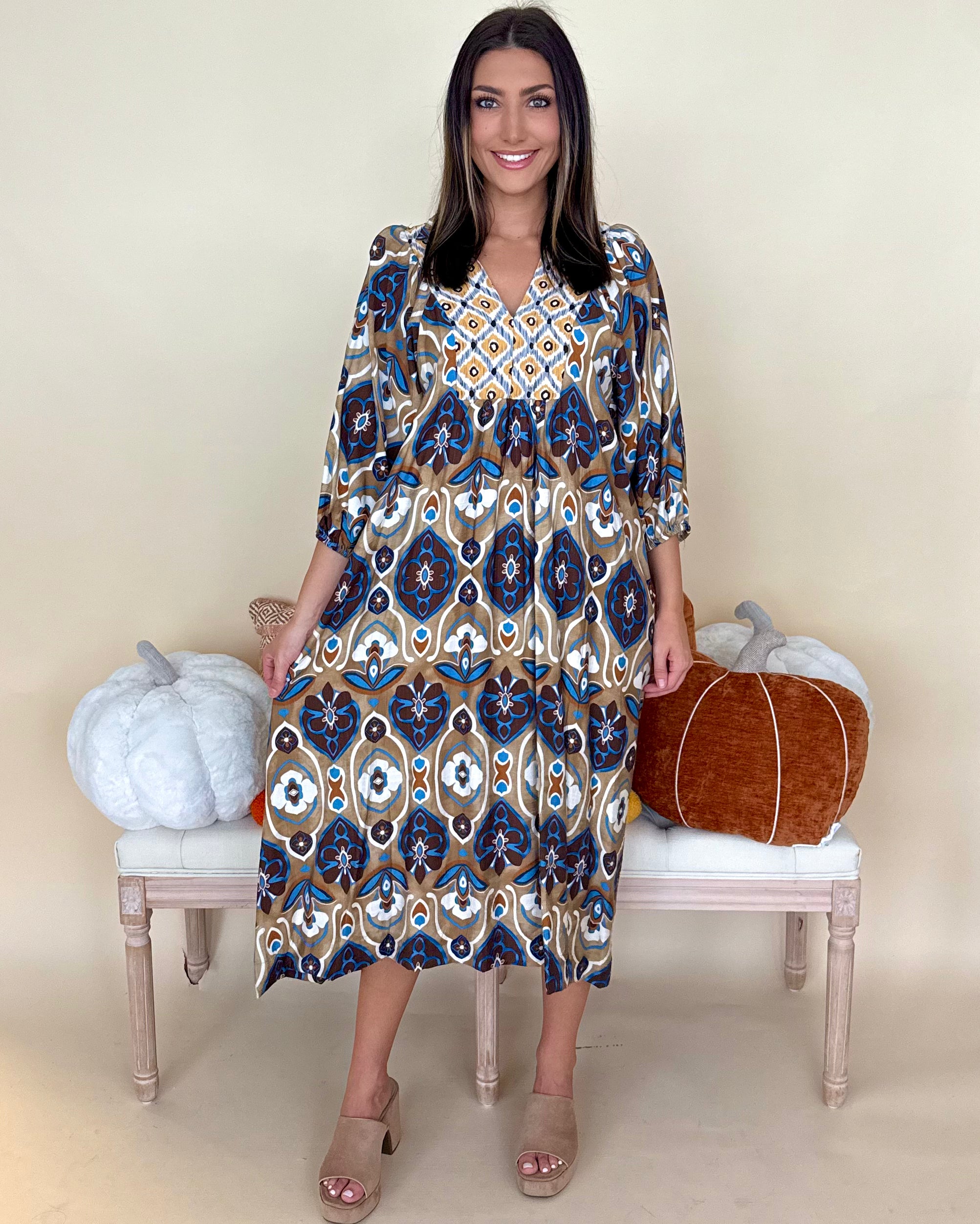 Best Day Latte Mix Abstract Midi Dress-Shop-Womens-Boutique-Clothing