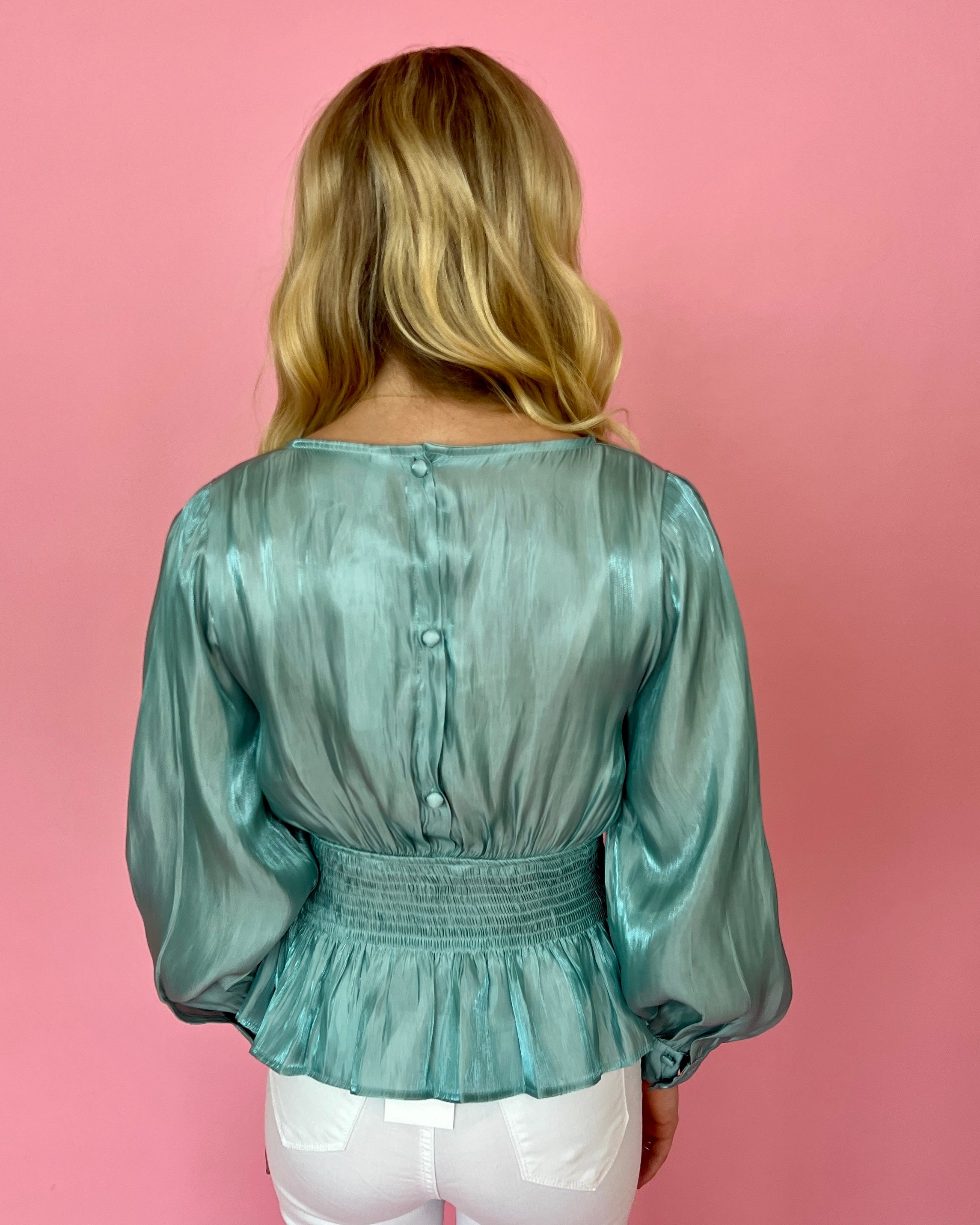 All Eyes On Me Mint Metallic Puff Sleeve Top-Shop-Womens-Boutique-Clothing