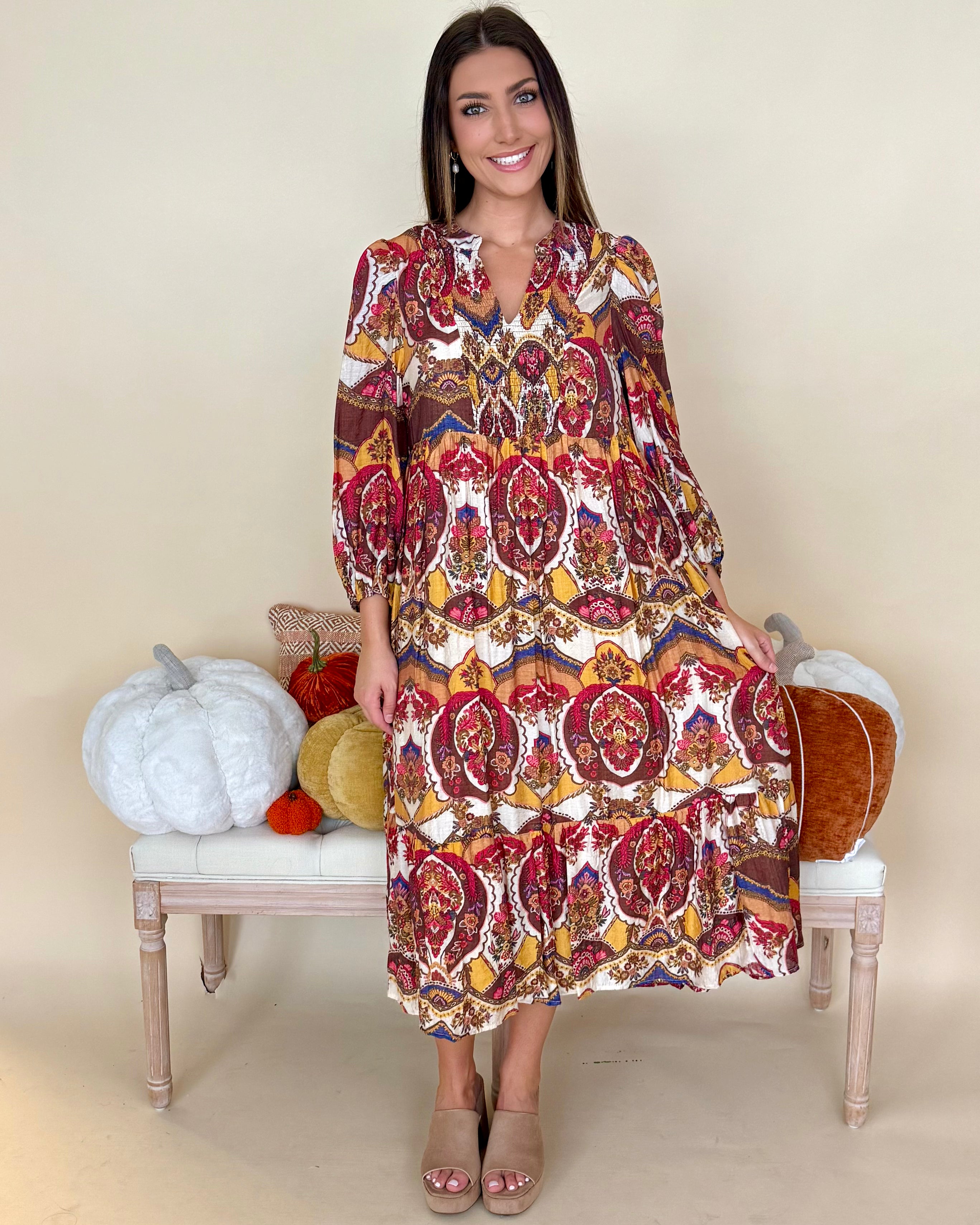 Harvest Lane Brown Mix Print Midi Dress-Shop-Womens-Boutique-Clothing