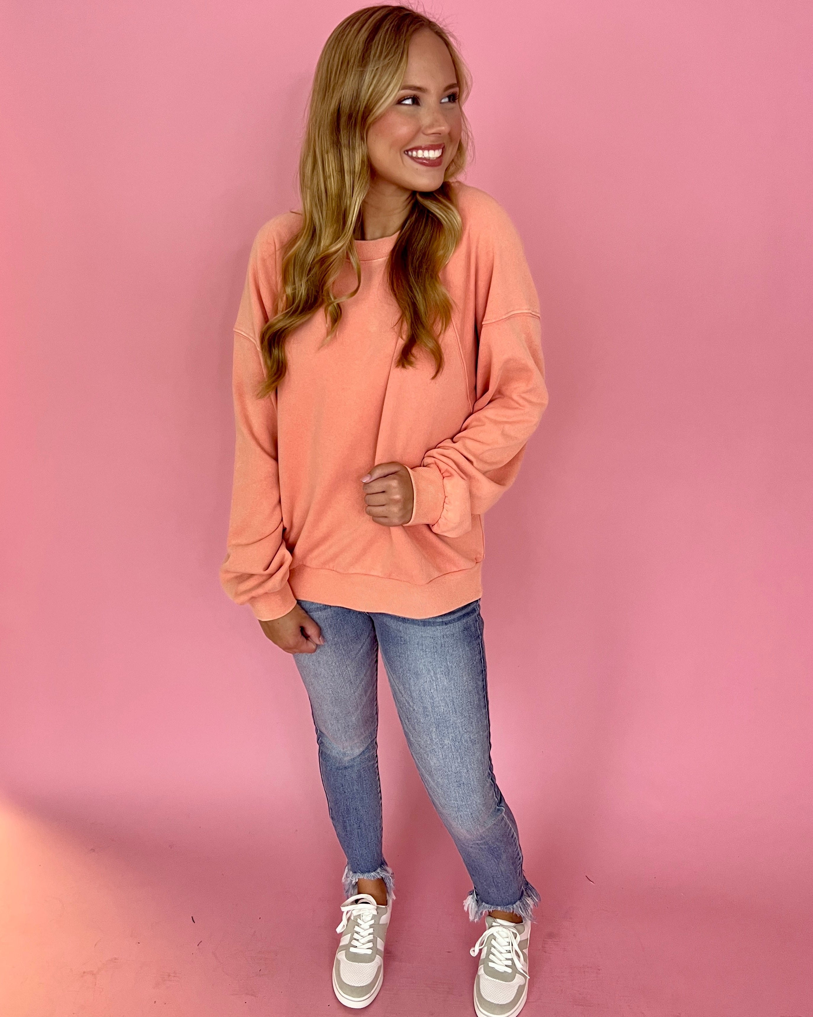 On The Go Lt Coral Mineral Washed Sweatshirt Top-Shop-Womens-Boutique-Clothing