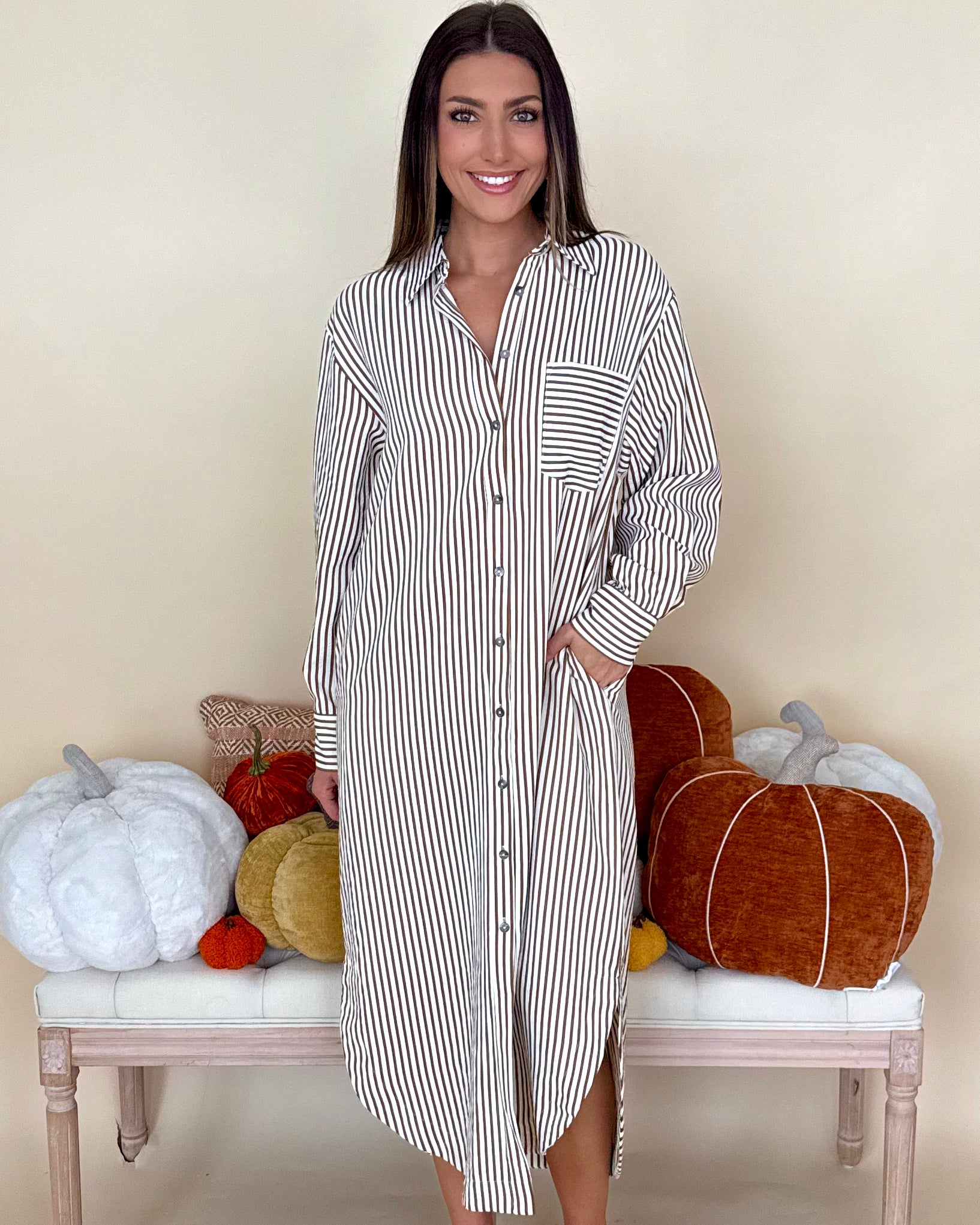 Sweet Little Things Caramel Stripe Midi Shirt Dress-Shop-Womens-Boutique-Clothing