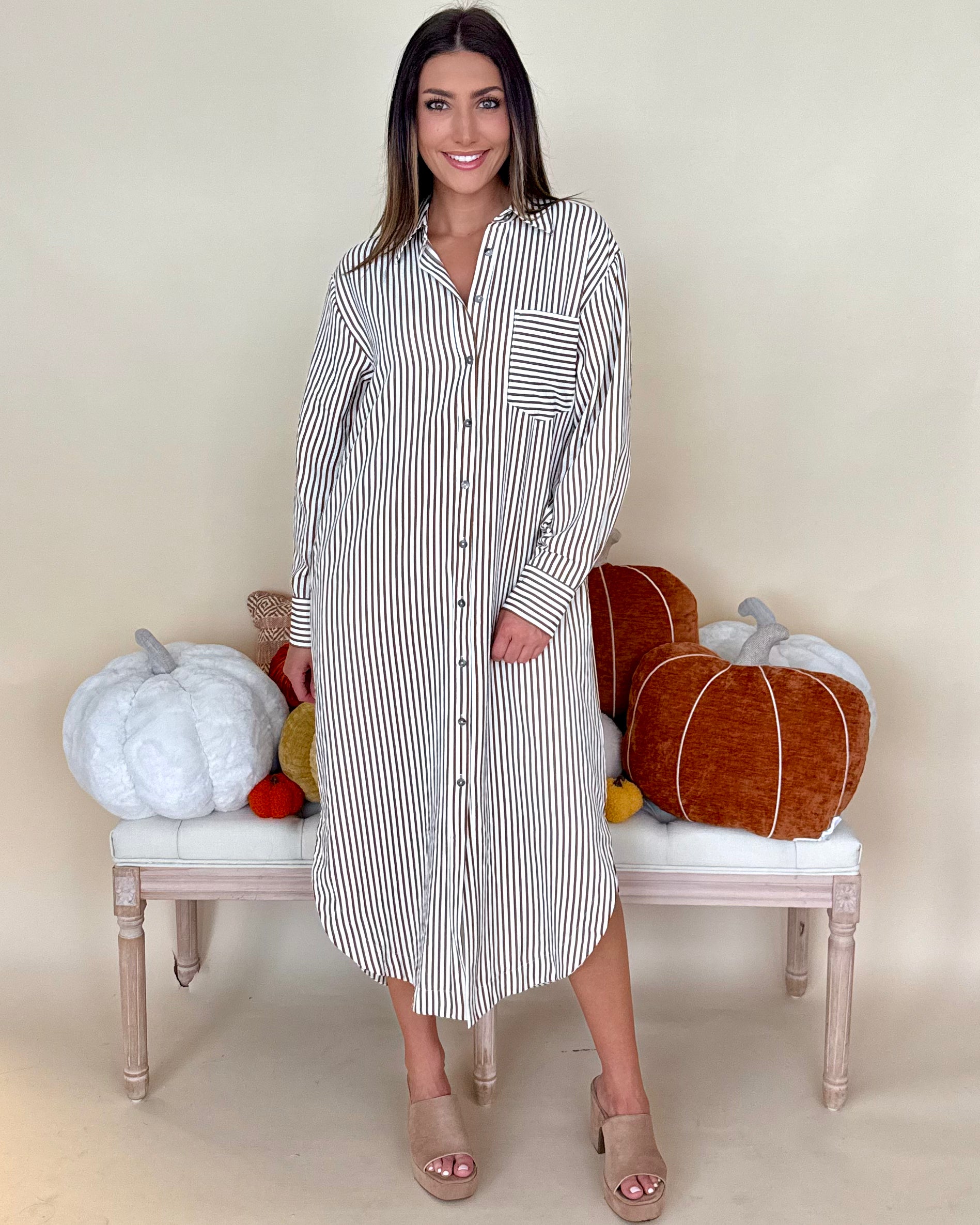 Sweet Little Things Caramel Stripe Midi Shirt Dress-Shop-Womens-Boutique-Clothing