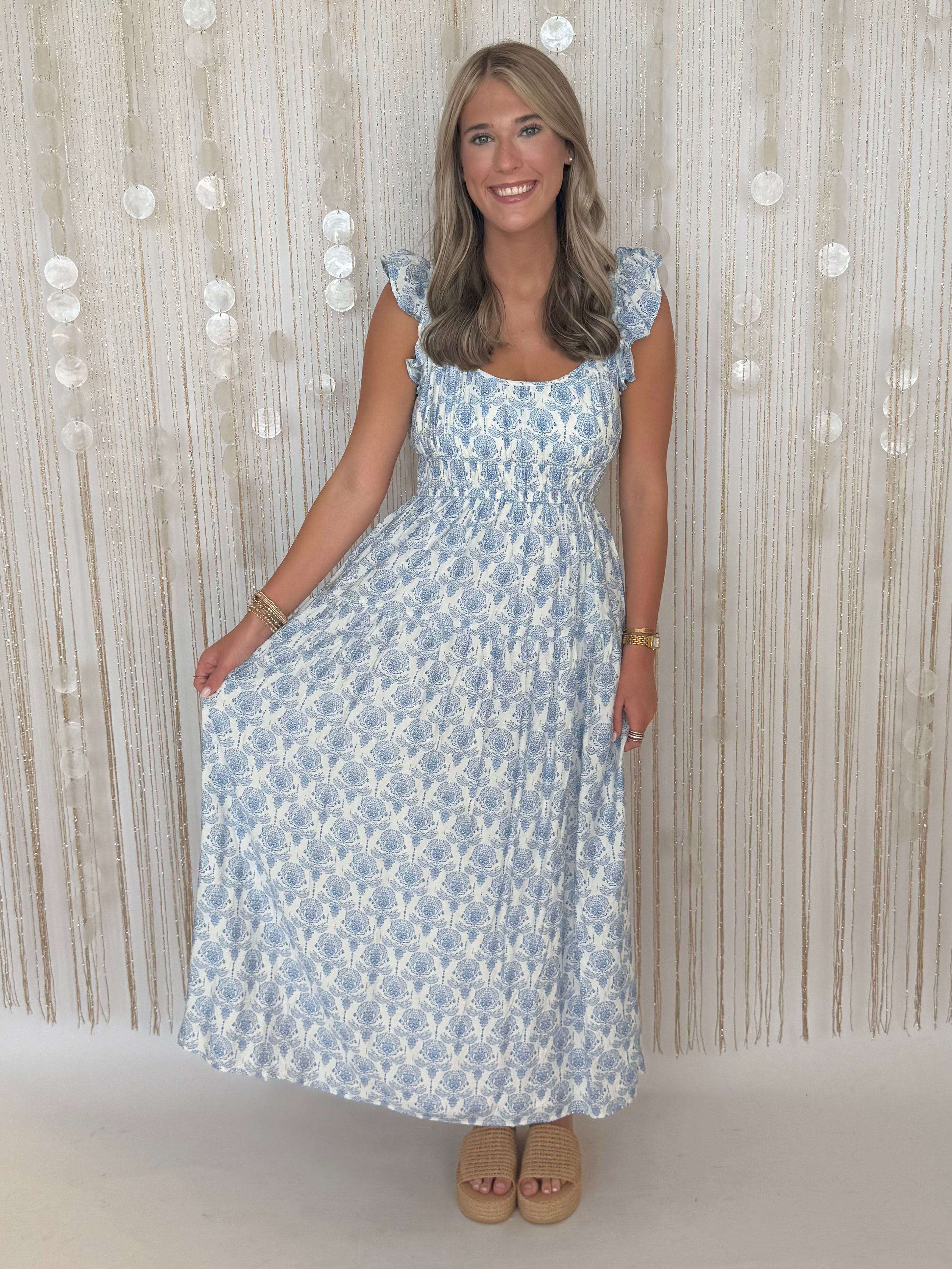 Getting Ready Blue Ruffle Strap Dress-Shop-Womens-Boutique-Clothing