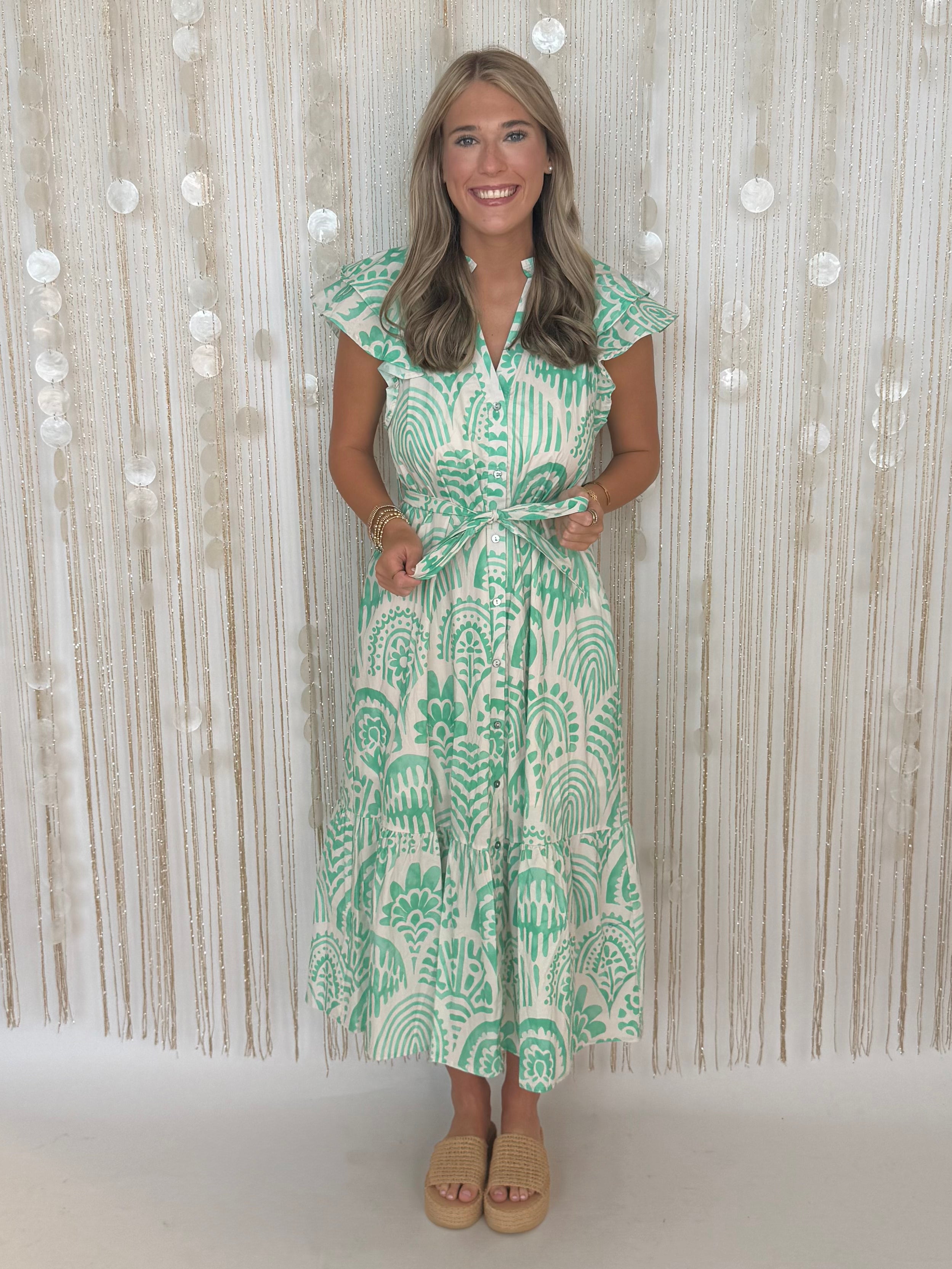 Silver Skies Mint Botanical Flutter Sleeve Midi Dress-Shop-Womens-Boutique-Clothing
