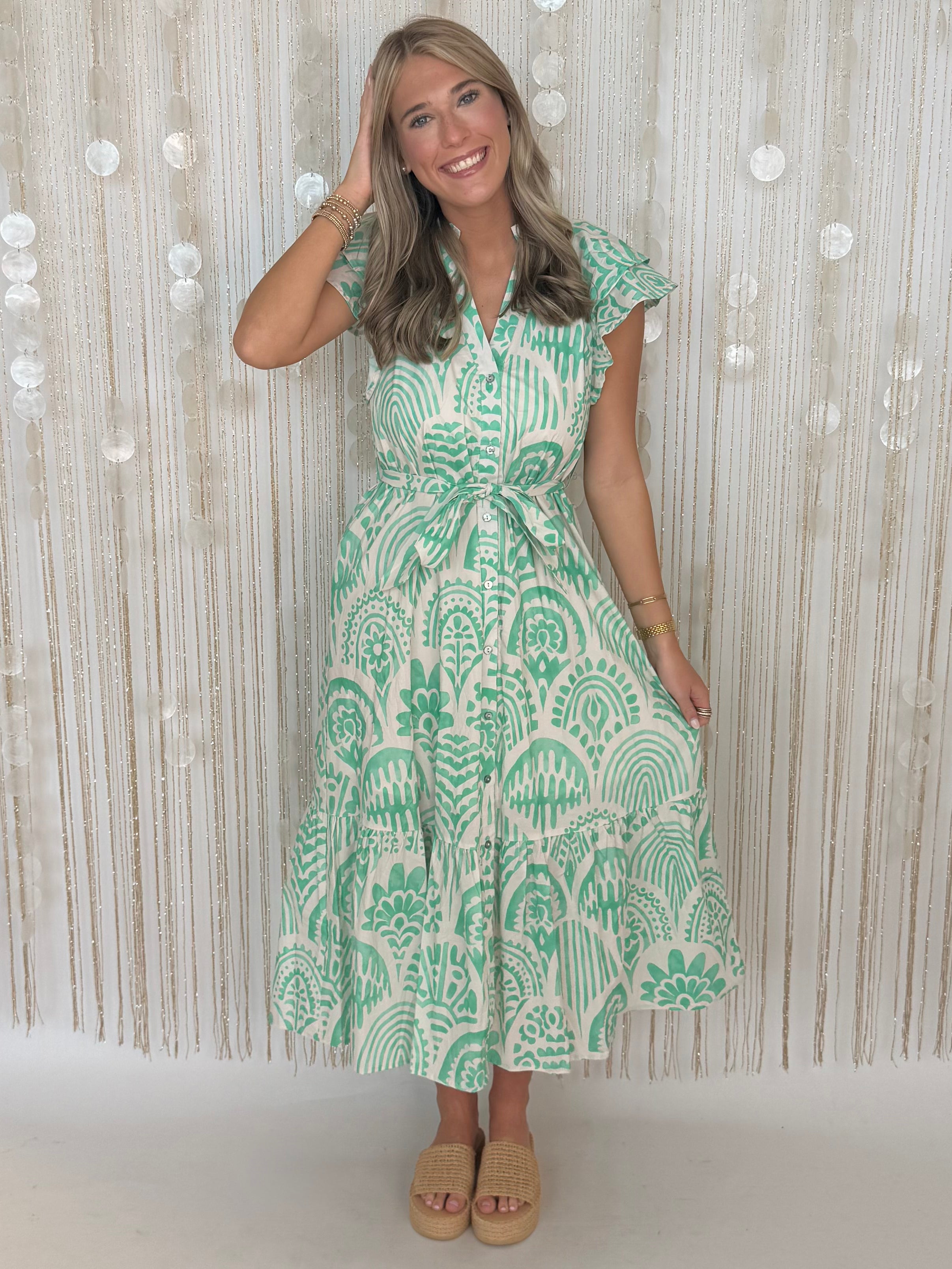 Silver Skies Mint Botanical Flutter Sleeve Midi Dress-Shop-Womens-Boutique-Clothing