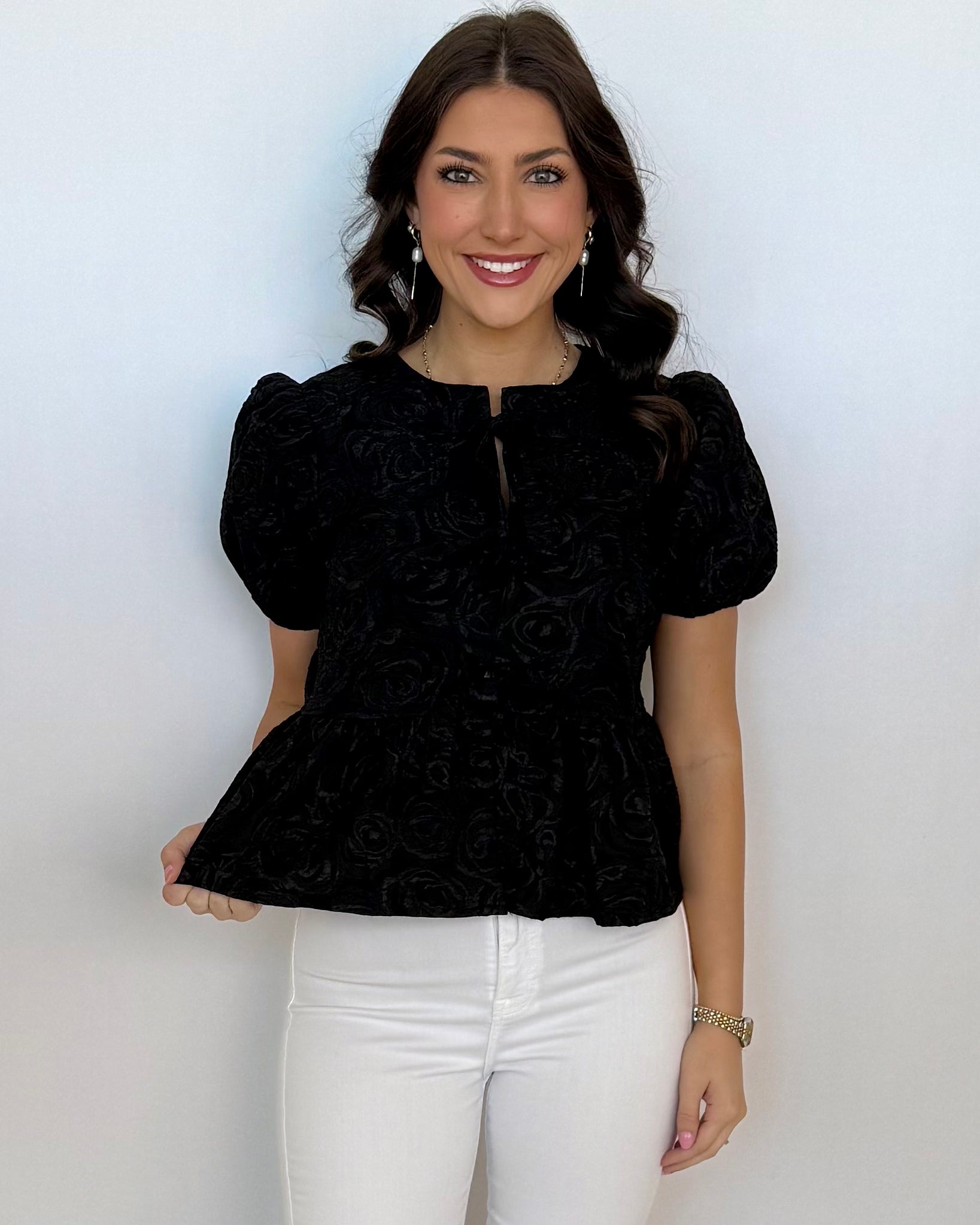 Right Turns Black Floral Jacquard Bow Top-Shop-Womens-Boutique-Clothing