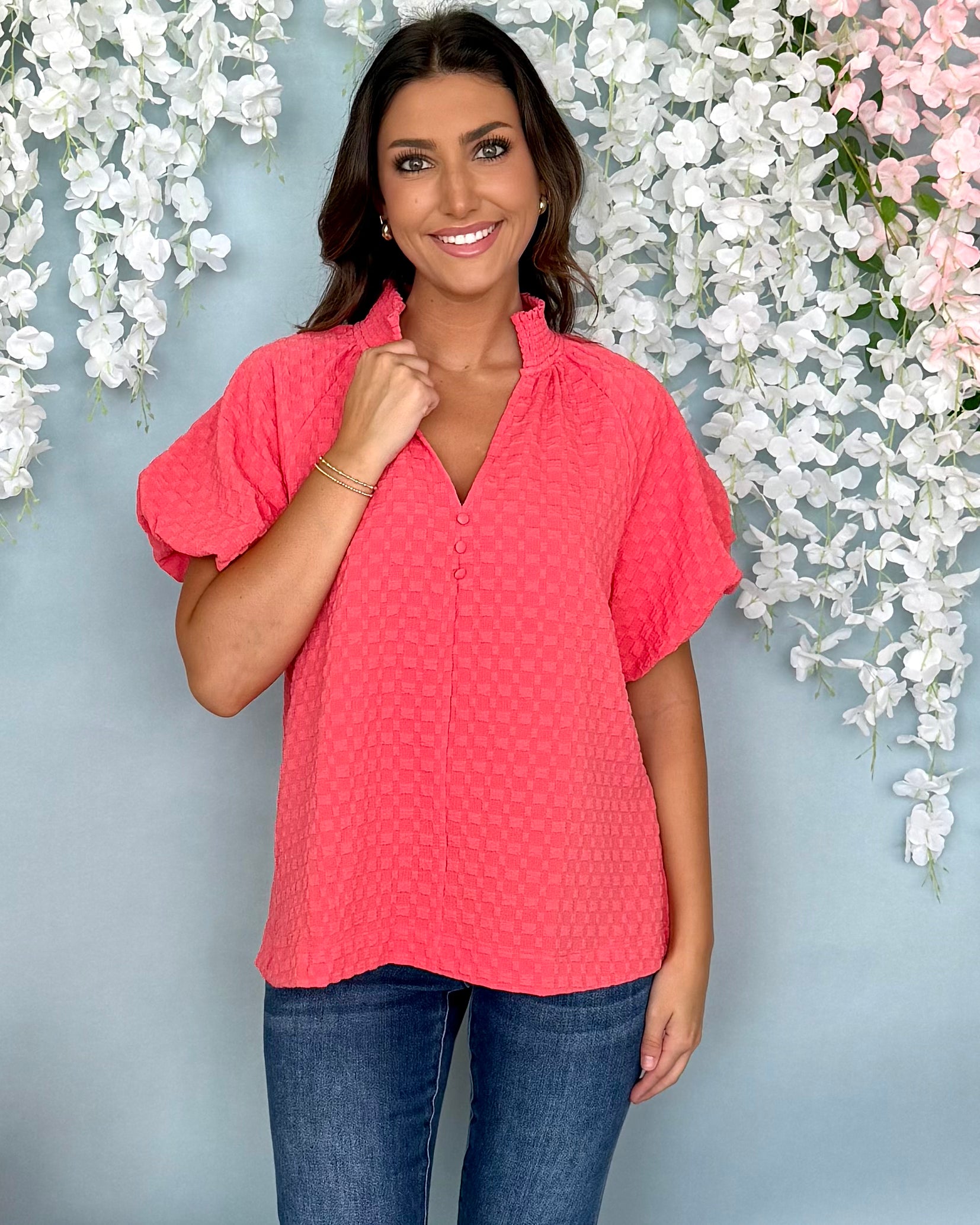 Made To Love Coral Jacquard Ruffle Neck Top-Shop-Womens-Boutique-Clothing