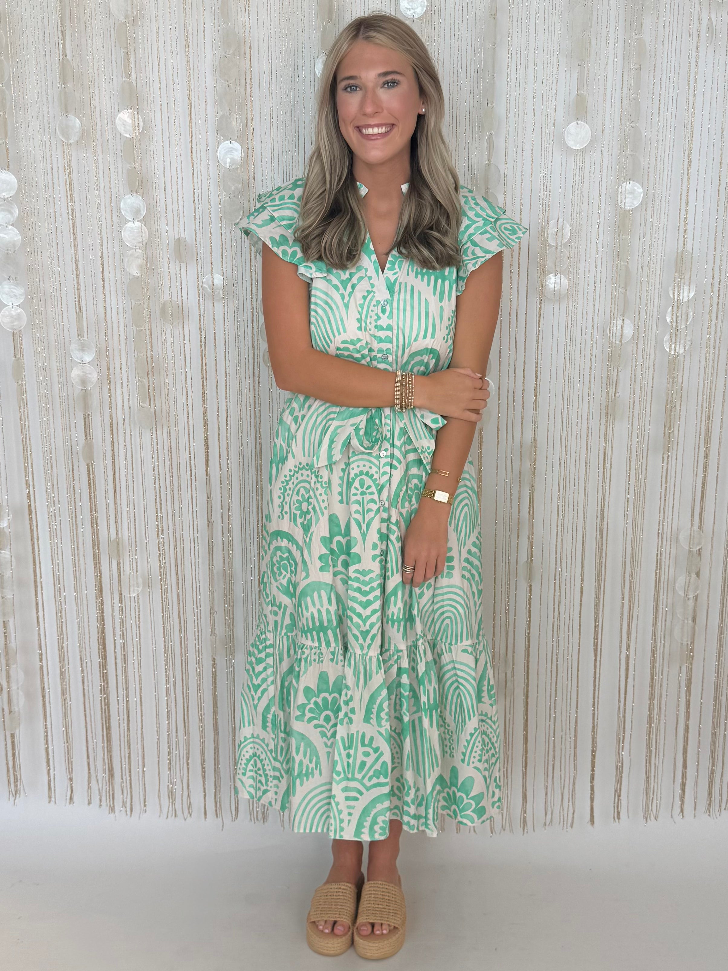 Silver Skies Mint Botanical Flutter Sleeve Midi Dress-Shop-Womens-Boutique-Clothing