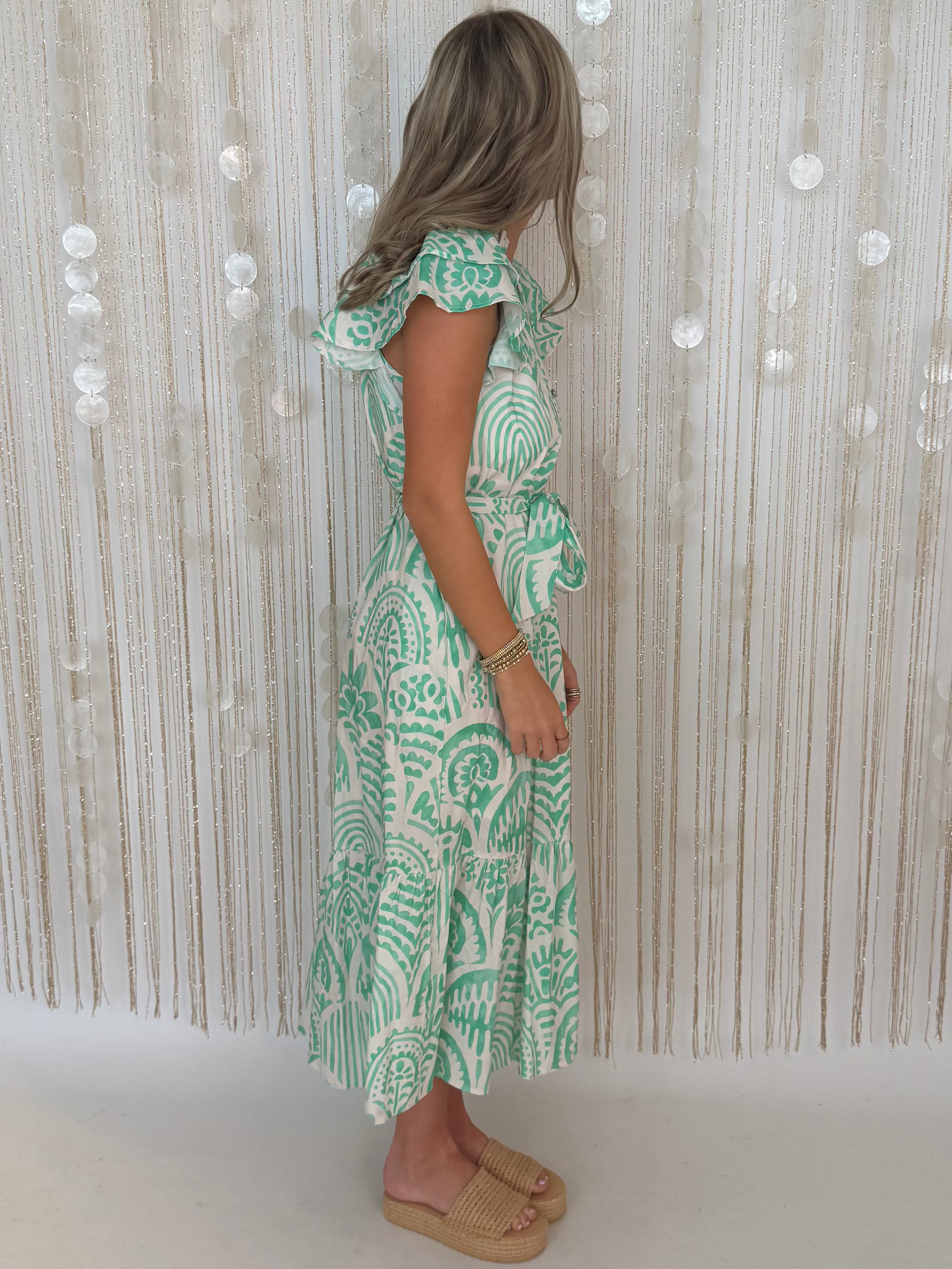 Silver Skies Mint Botanical Flutter Sleeve Midi Dress-Shop-Womens-Boutique-Clothing