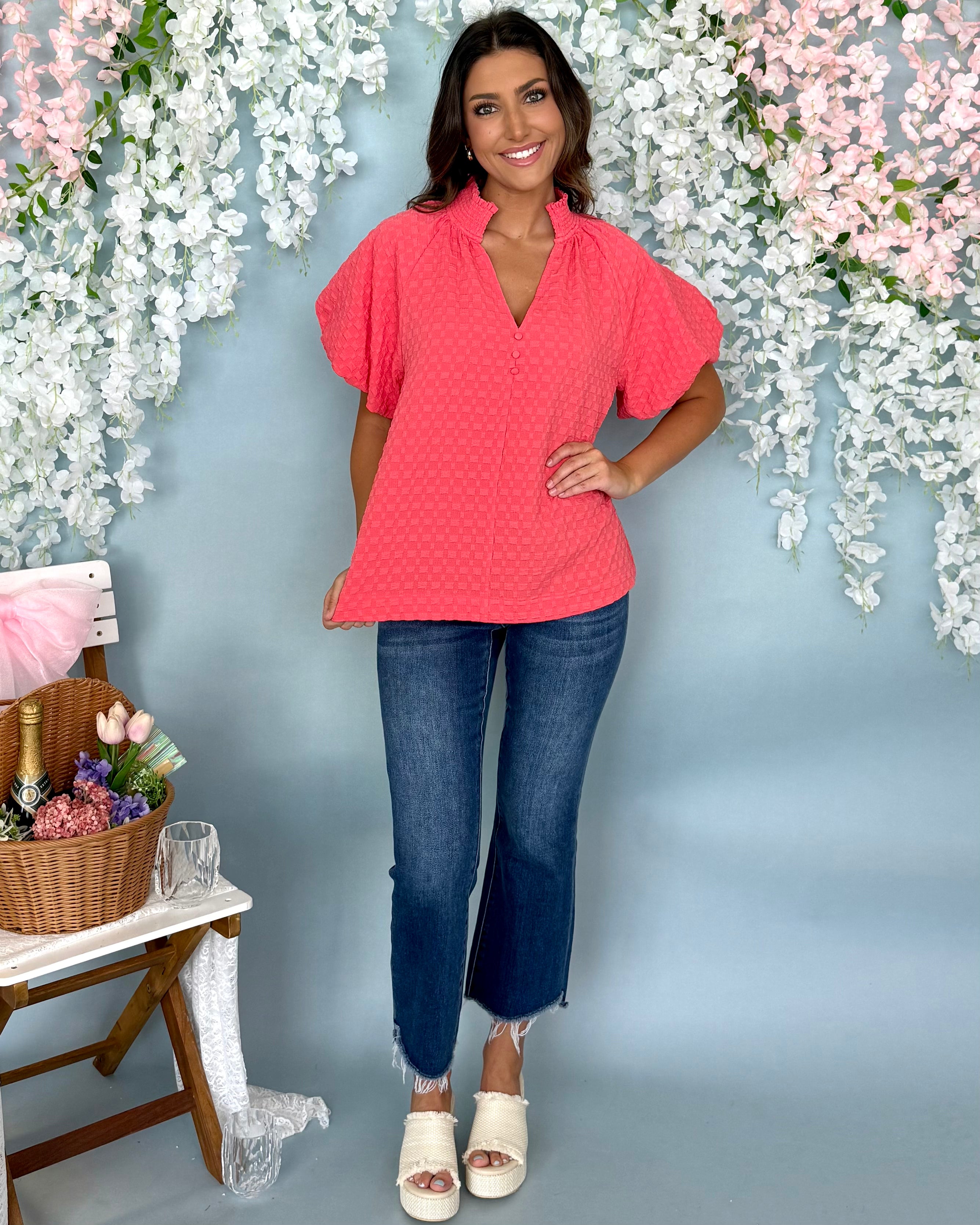 Made To Love Coral Jacquard Ruffle Neck Top-Shop-Womens-Boutique-Clothing