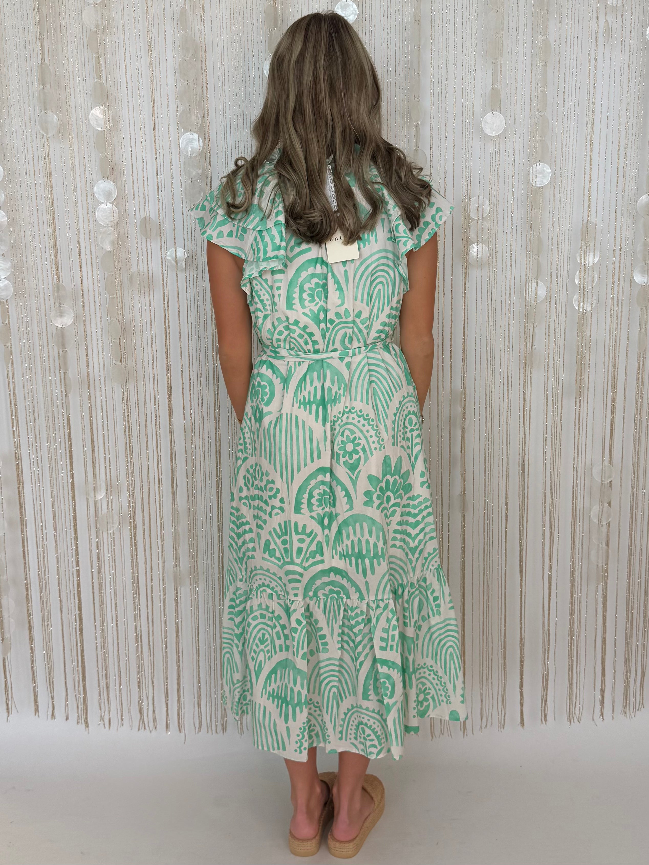 Silver Skies Mint Botanical Flutter Sleeve Midi Dress-Shop-Womens-Boutique-Clothing