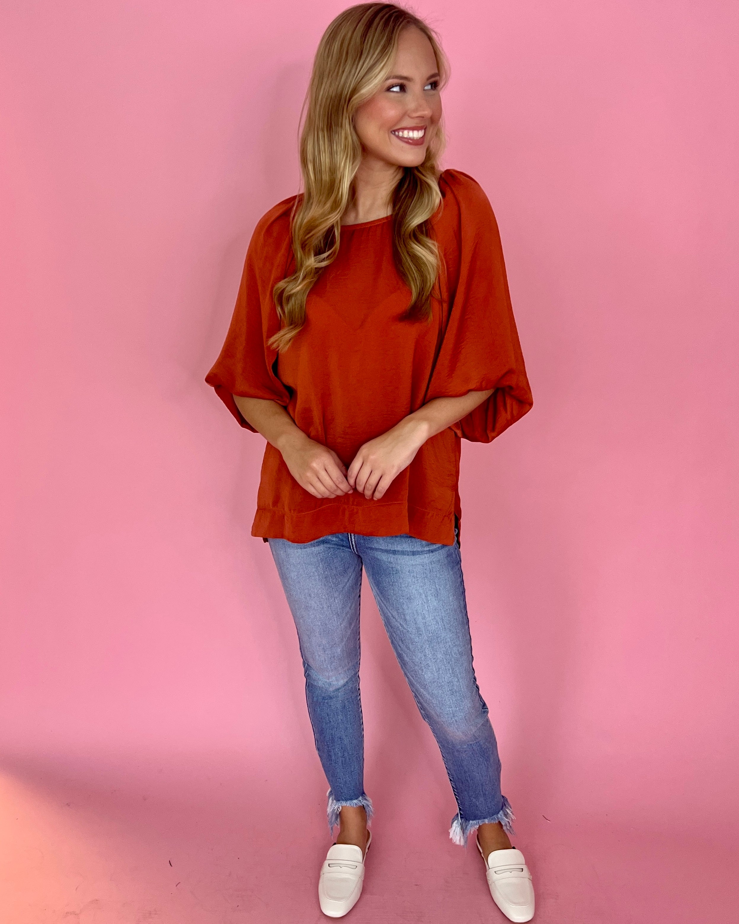 We're Not Done Sunset Satin Balloon Sleeve Top-Shop-Womens-Boutique-Clothing
