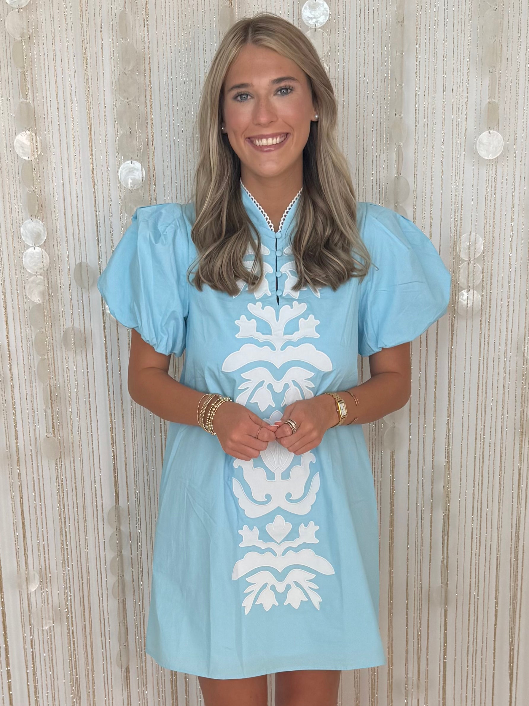 Ocean Skies Aqua Baroque Floral Applique Puff Sleeve Dress-Shop-Womens-Boutique-Clothing