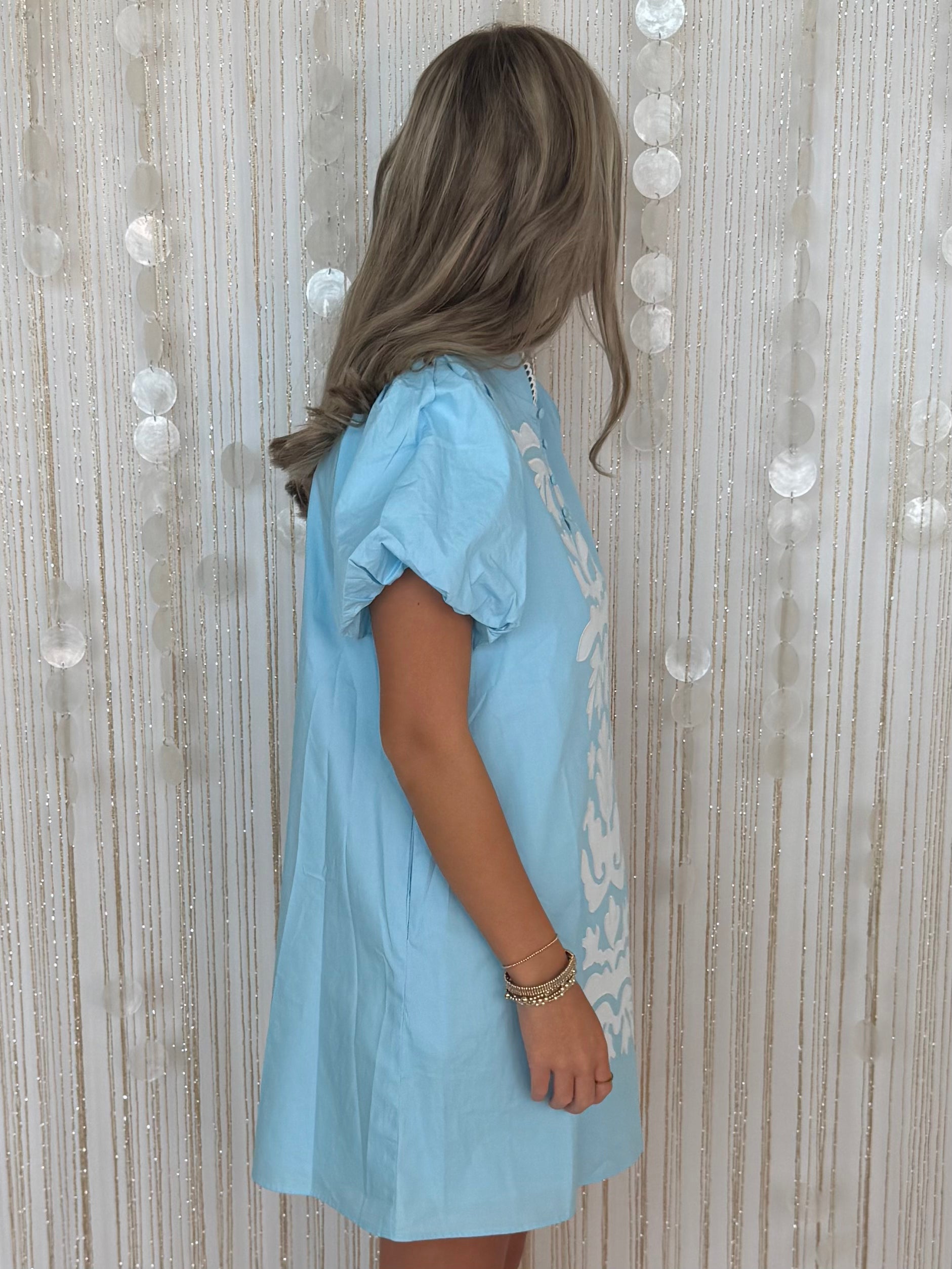 Ocean Skies Aqua Baroque Floral Applique Puff Sleeve Dress-Shop-Womens-Boutique-Clothing