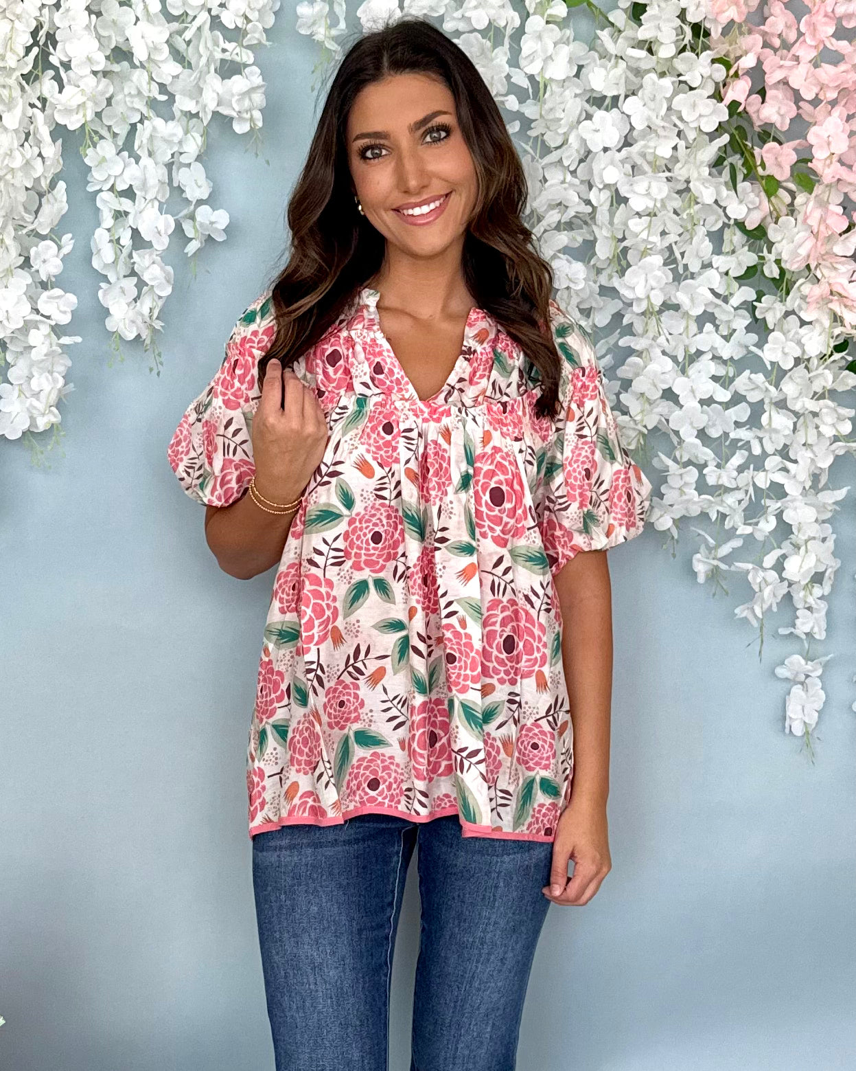Bring You Up Pink/Green Floral Ruffle Top-Shop-Womens-Boutique-Clothing