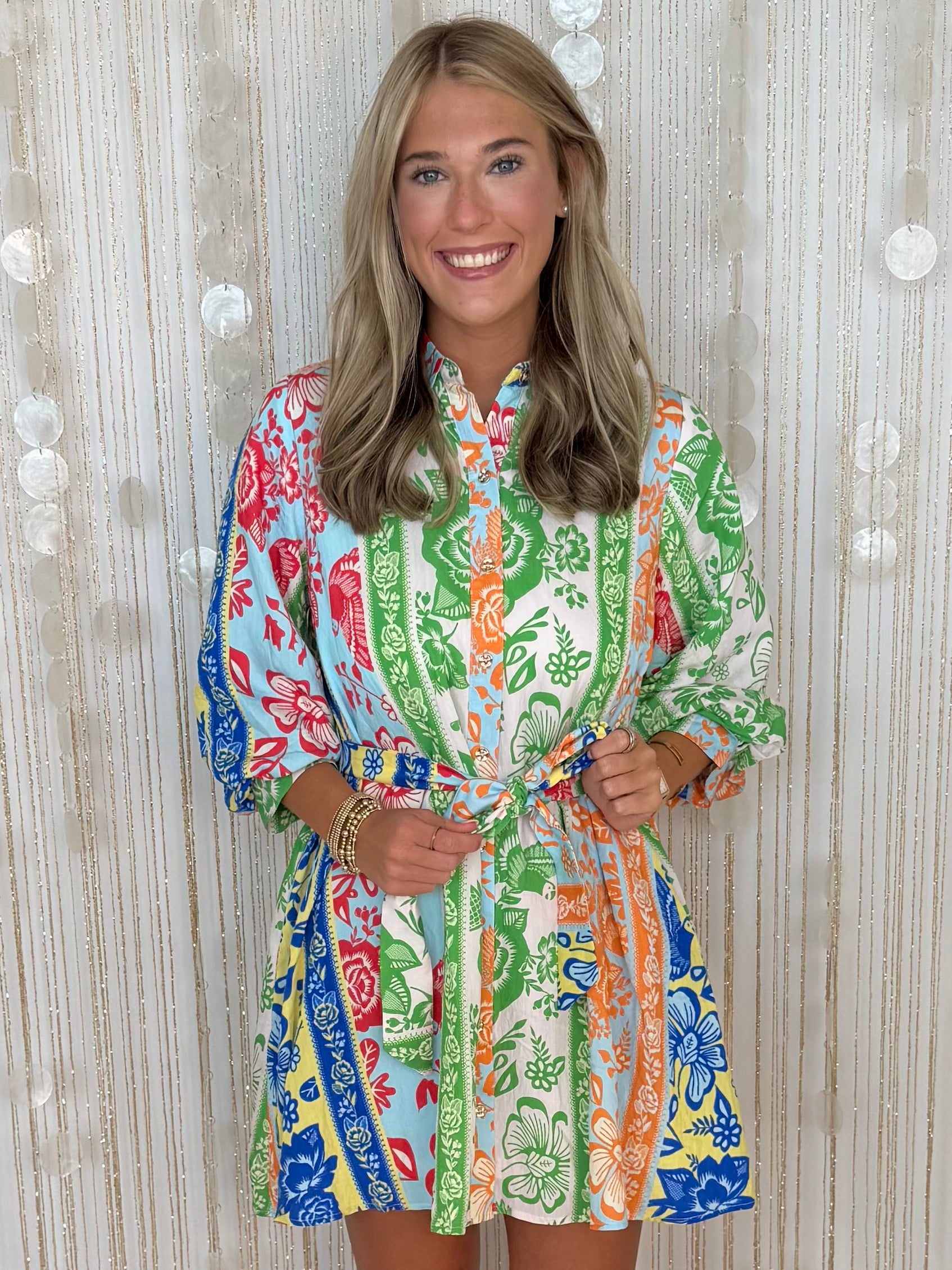 No Notes Green Botanical Stripe Belted 3/4 Sleeve Dress-Shop-Womens-Boutique-Clothing