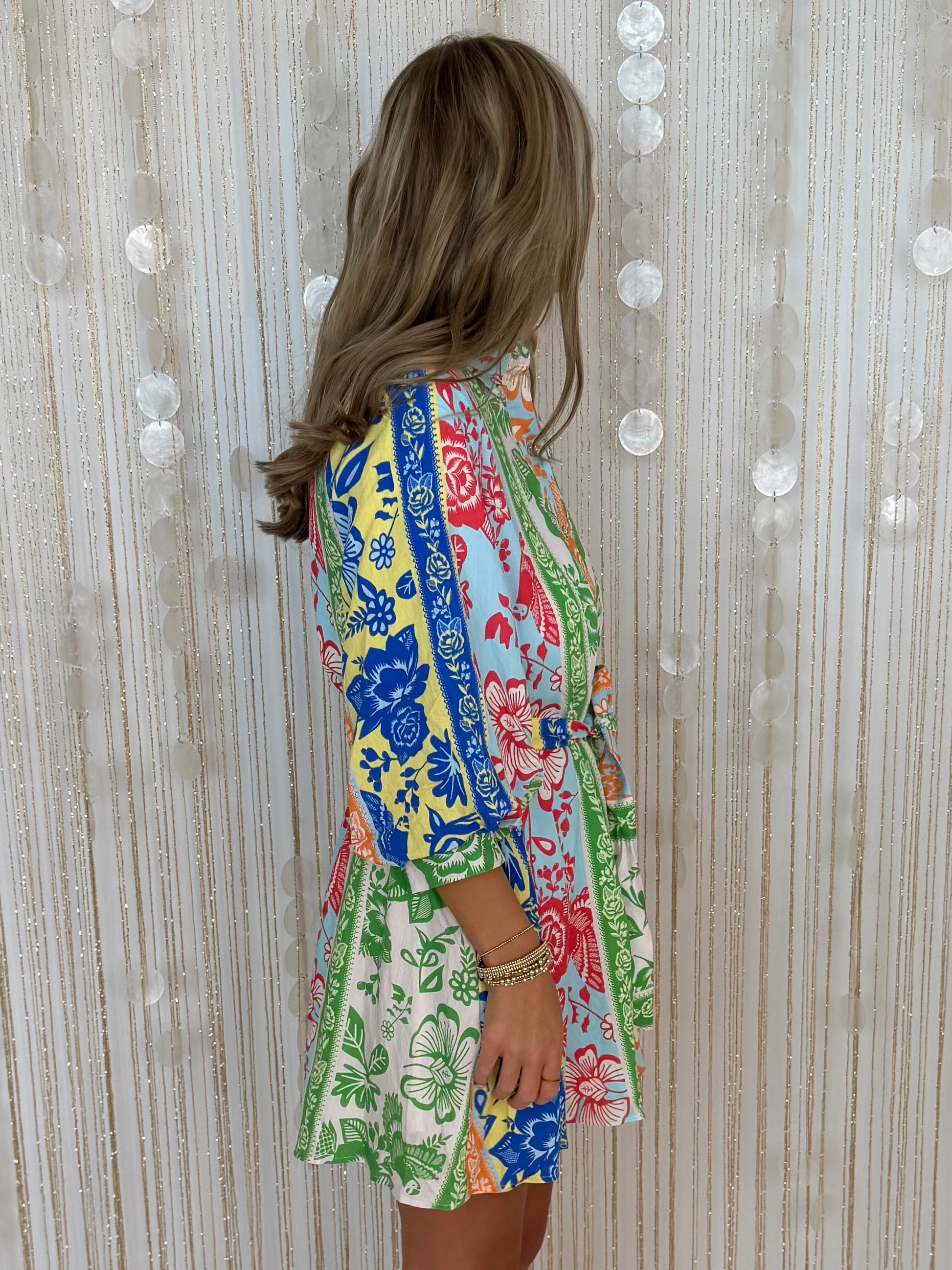 No Notes Green Botanical Stripe Belted 3/4 Sleeve Dress-Shop-Womens-Boutique-Clothing