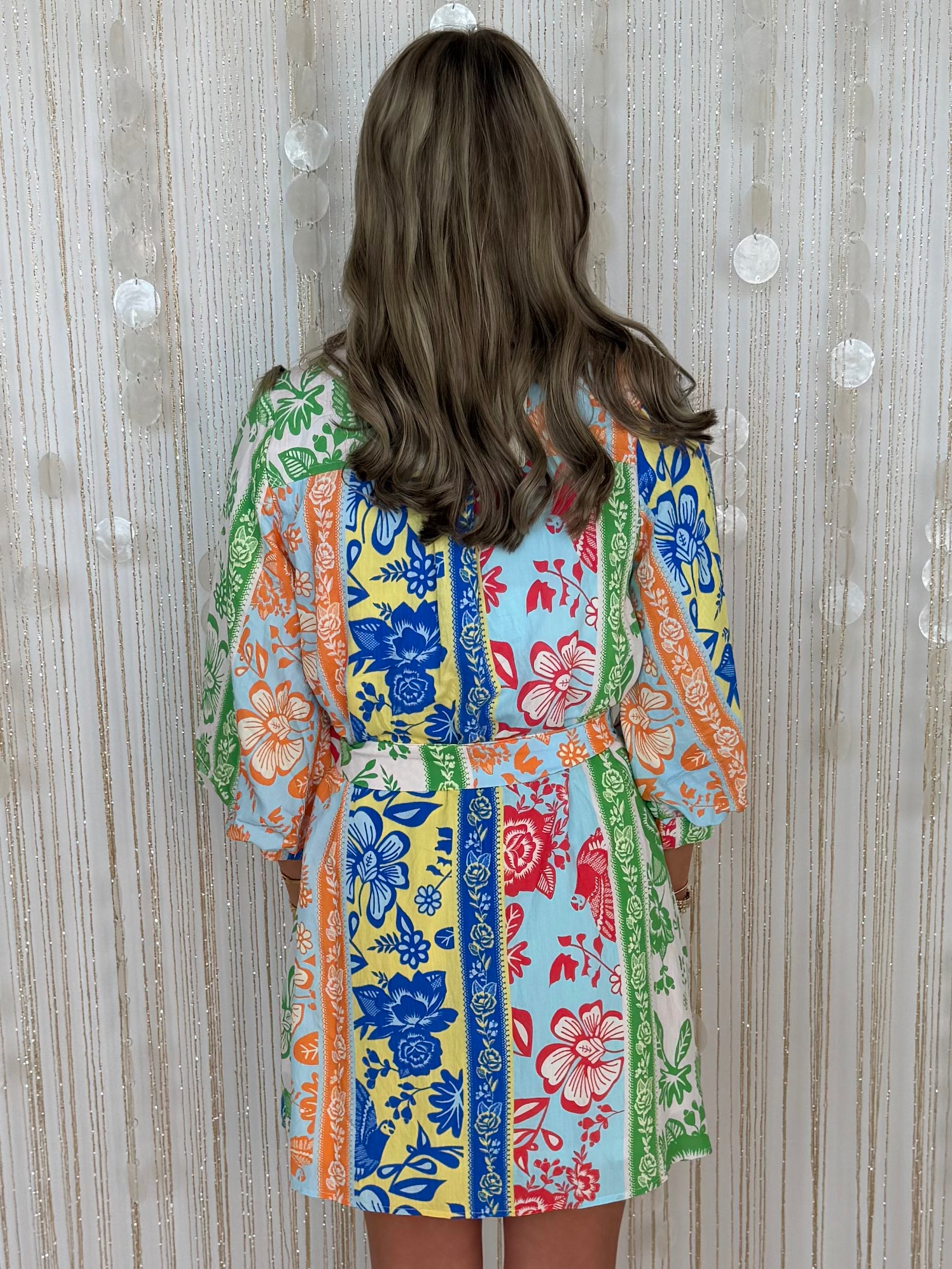 No Notes Green Botanical Stripe Belted 3/4 Sleeve Dress-Shop-Womens-Boutique-Clothing