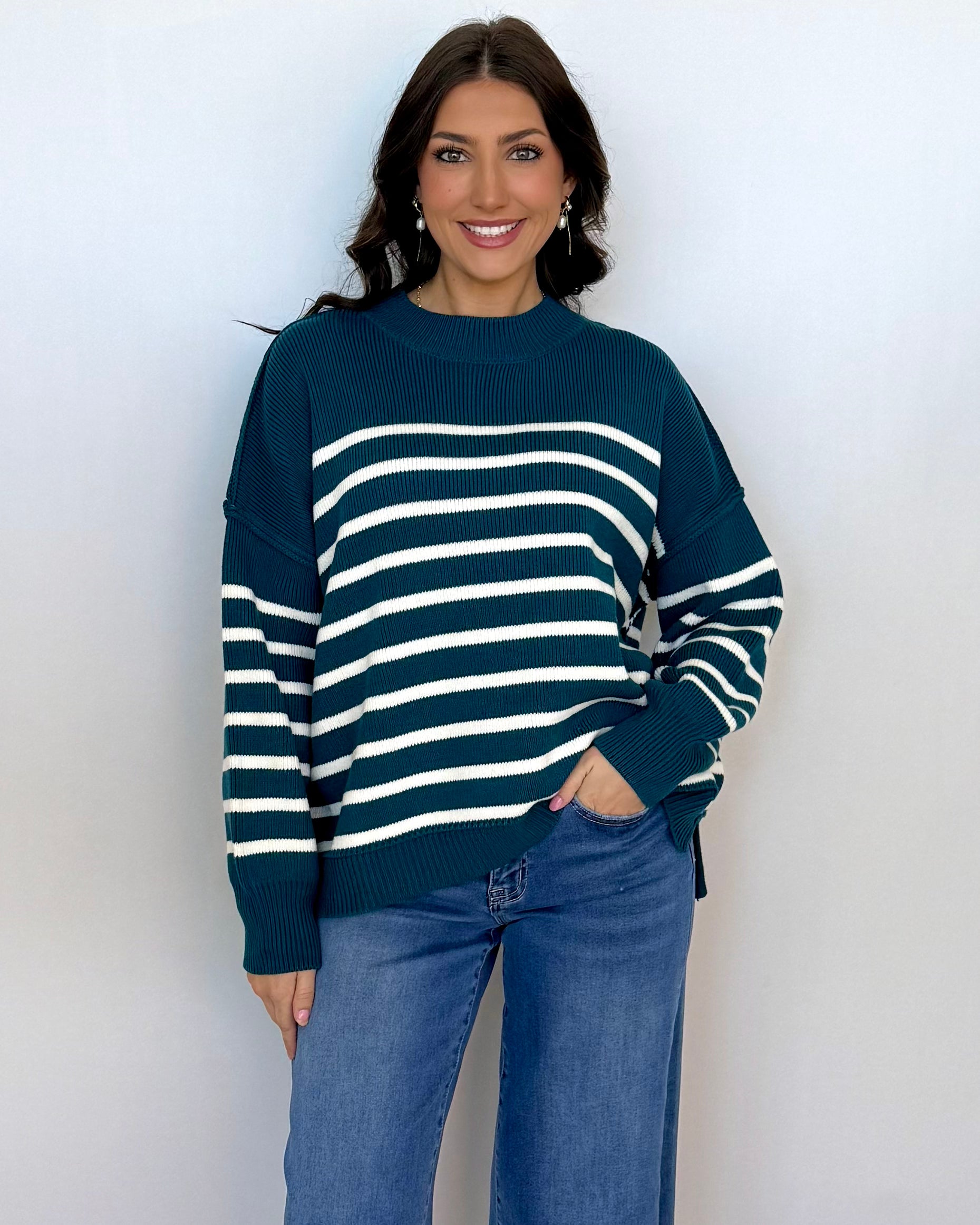 Cozy Fire Teal Striped Sweater-Shop-Womens-Boutique-Clothing