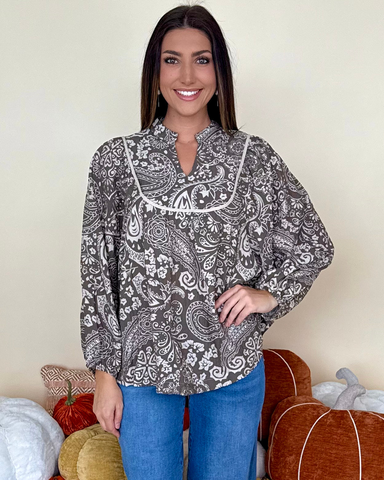 Plans Made Brown Paisley Pintuck Top-Shop-Womens-Boutique-Clothing