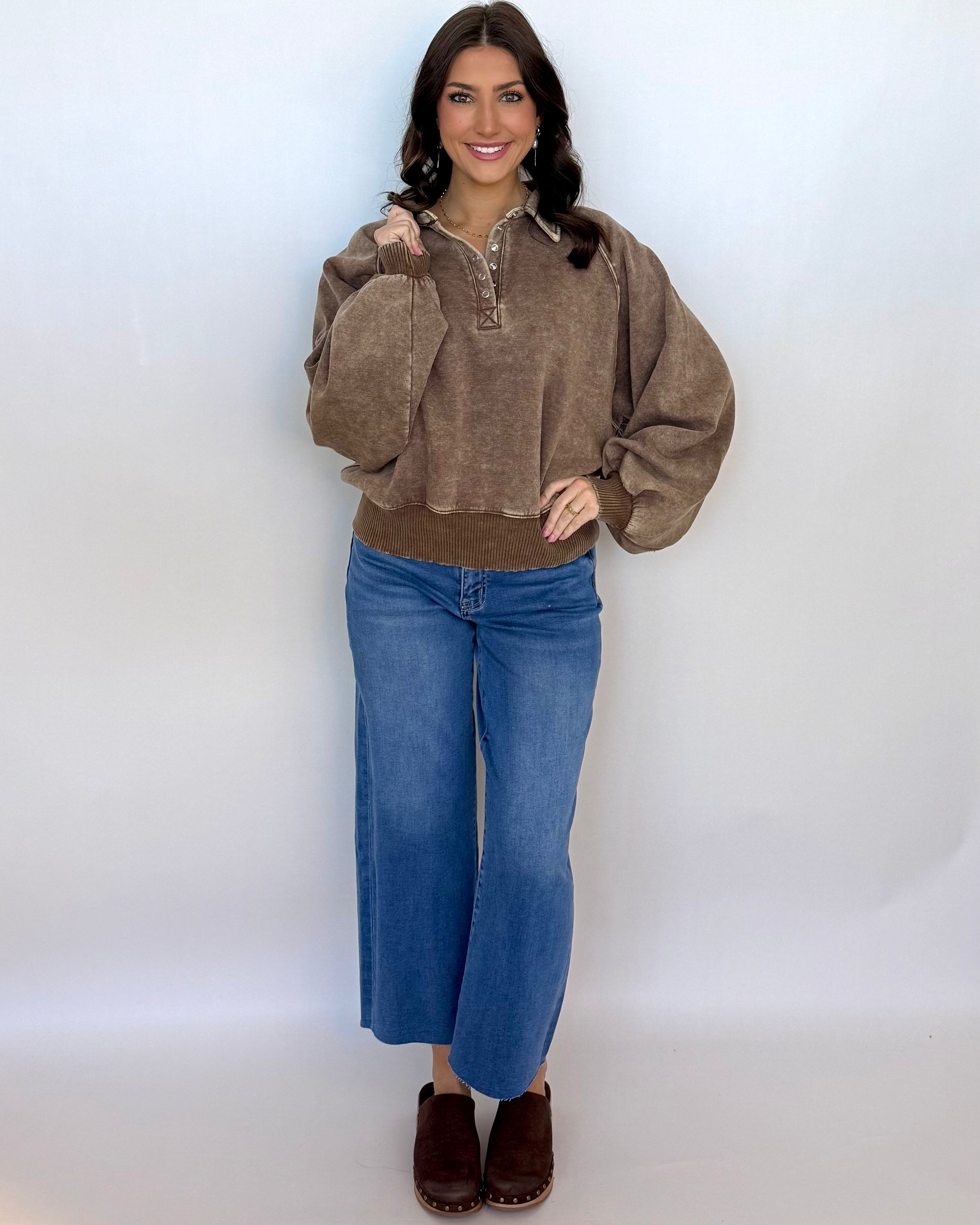 Cloud Nine Mocha Washed Button Up Sweatshirt-Shop-Womens-Boutique-Clothing