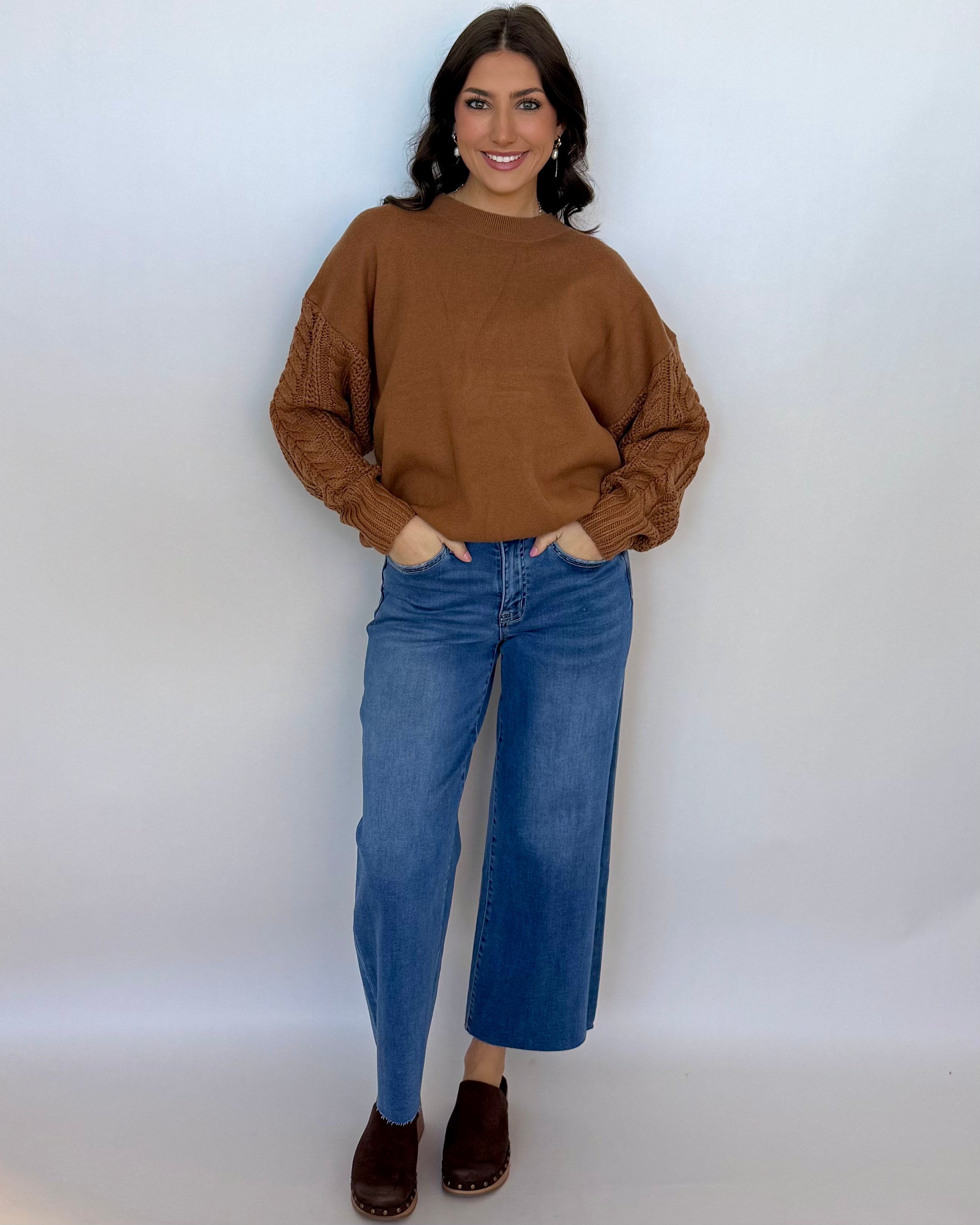 Cabin Morning Deep Camel Knit Sleeve Sweater-Shop-Womens-Boutique-Clothing