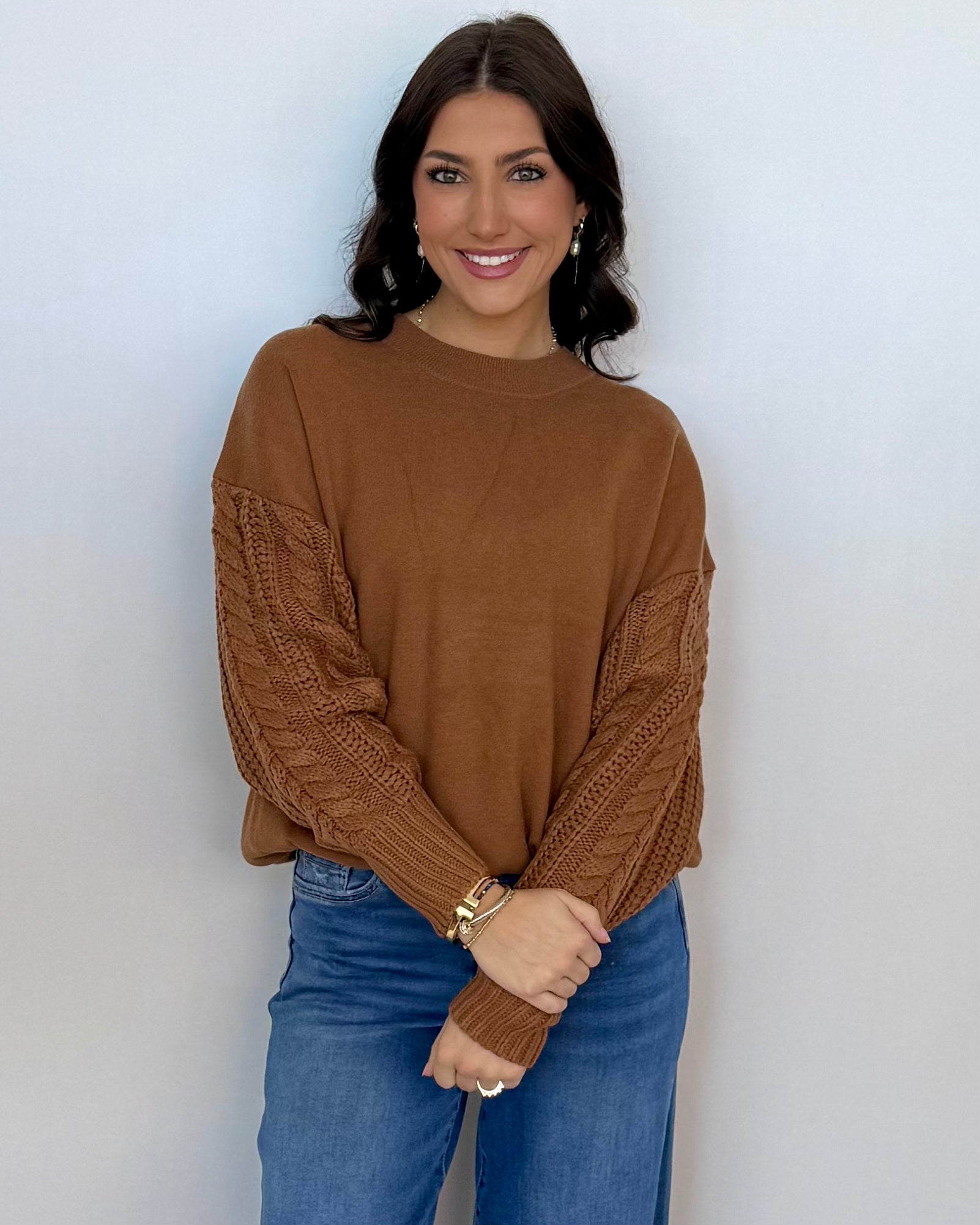 Cabin Morning Deep Camel Knit Sleeve Sweater-Shop-Womens-Boutique-Clothing